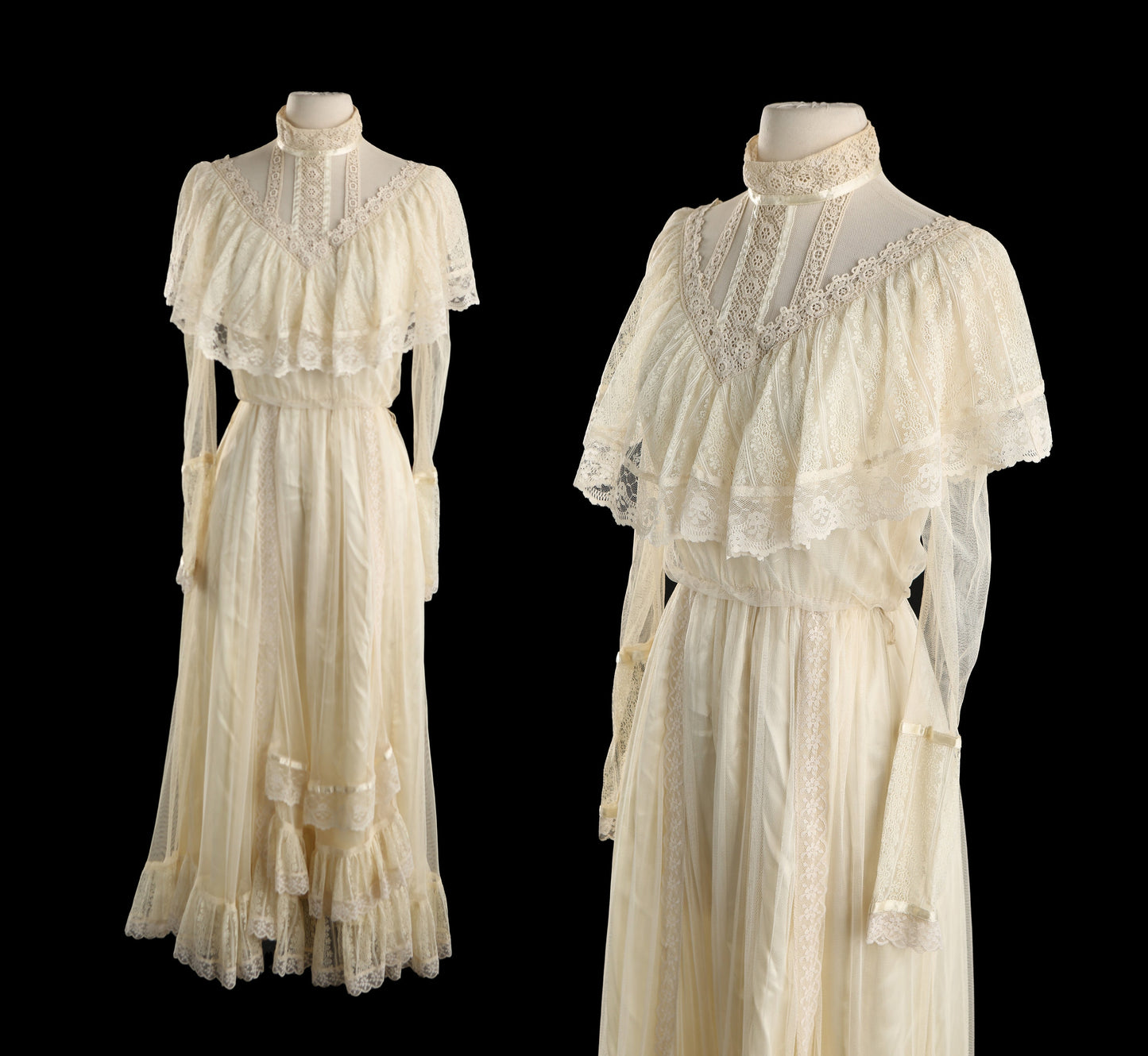 Vintage Women's Beige Prairie Dress / Era 1960's - 1970's