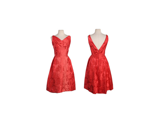 1950s Red Ballgown Dress with Roses Fabric Patter Design