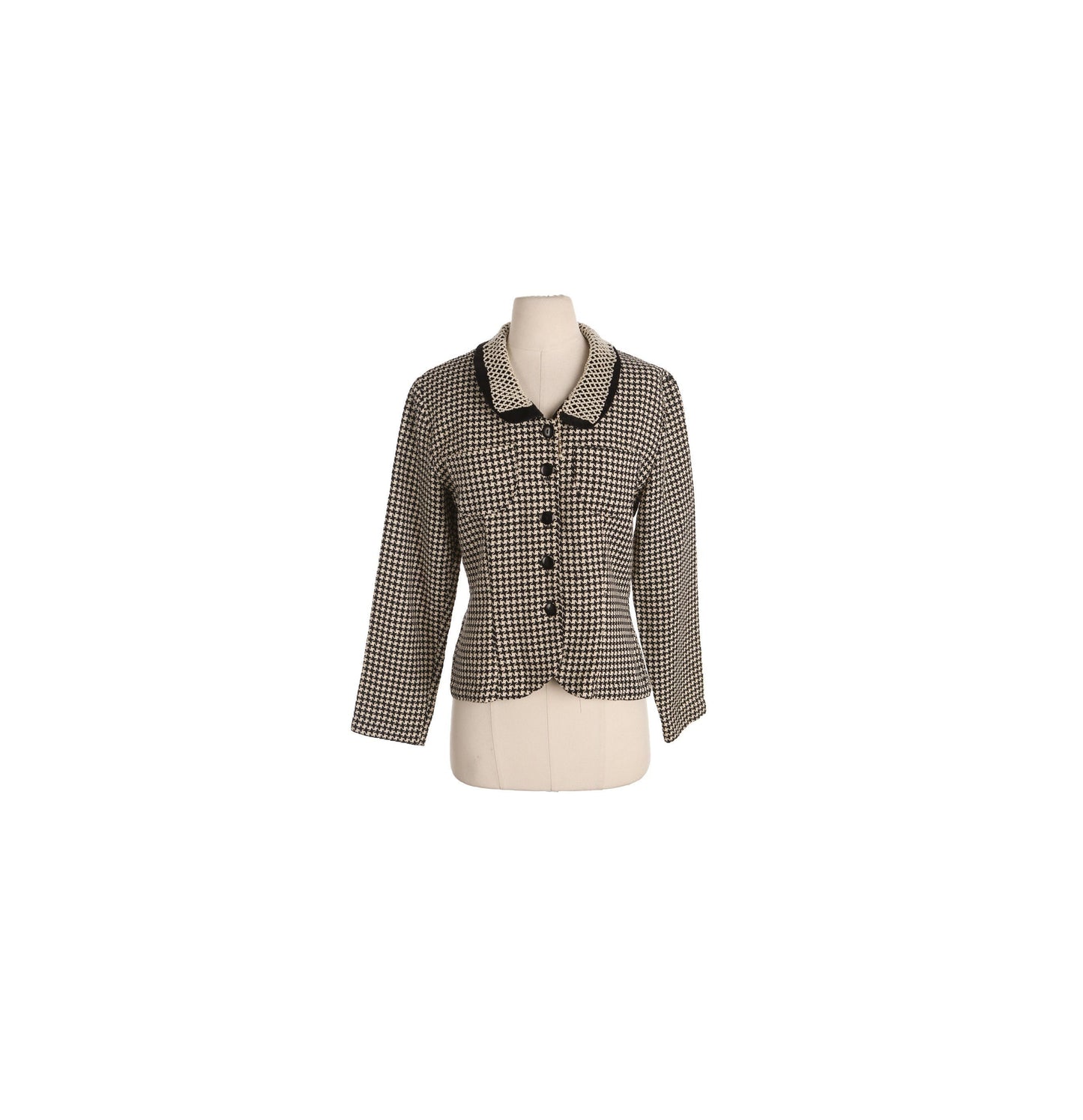 Women Houndstooth Print Casual Jacket with Collared Pearl Embroidered Details