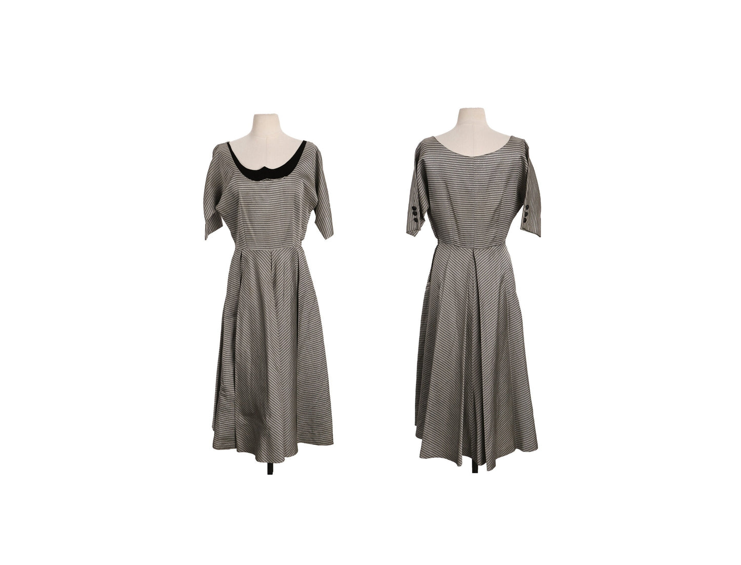 1950s Women Casual Dress - Gray with striped Fabric Pattern