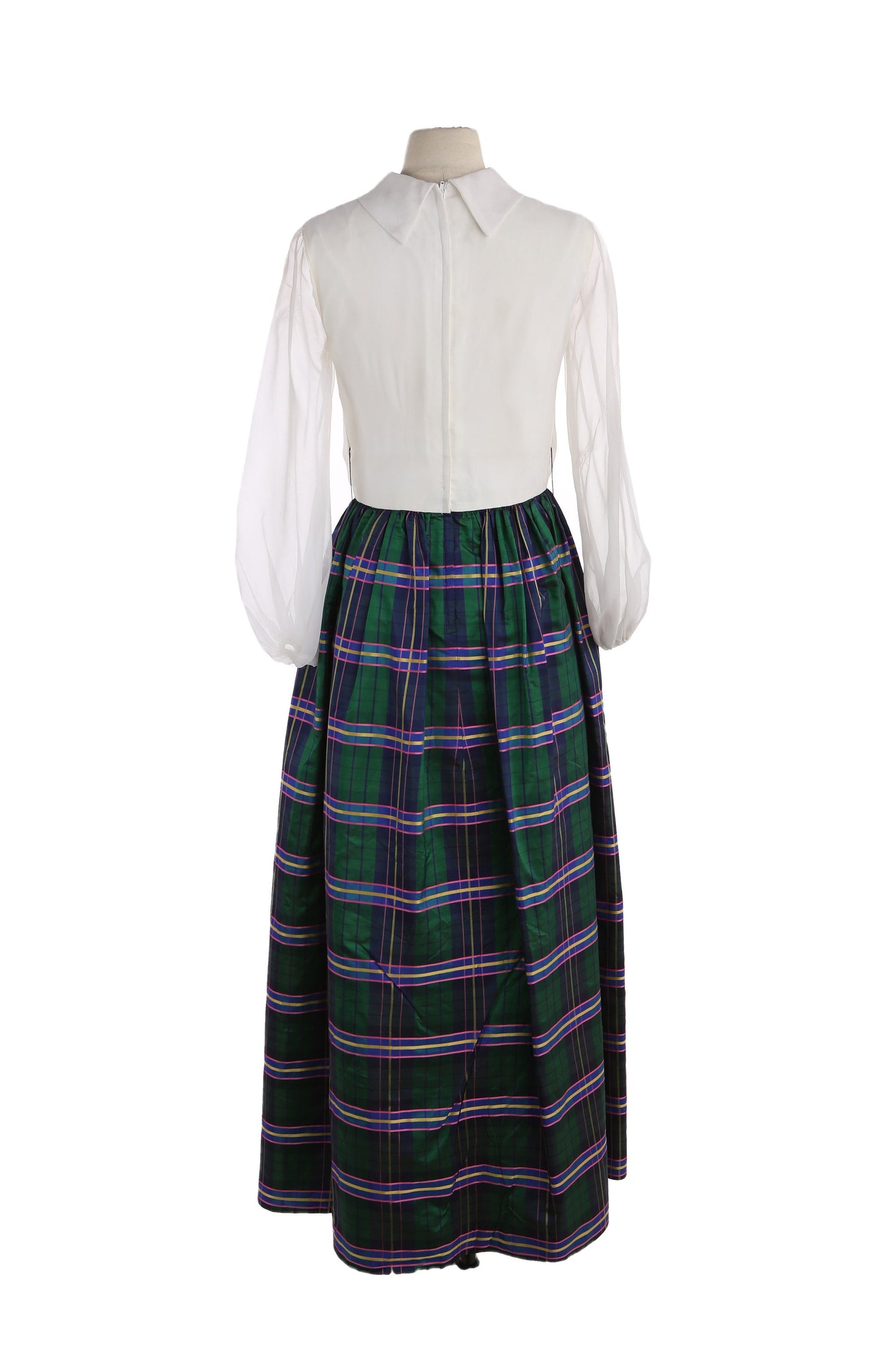 Vintage Women's Green Plaid Casual Dress with Big Collar Bow