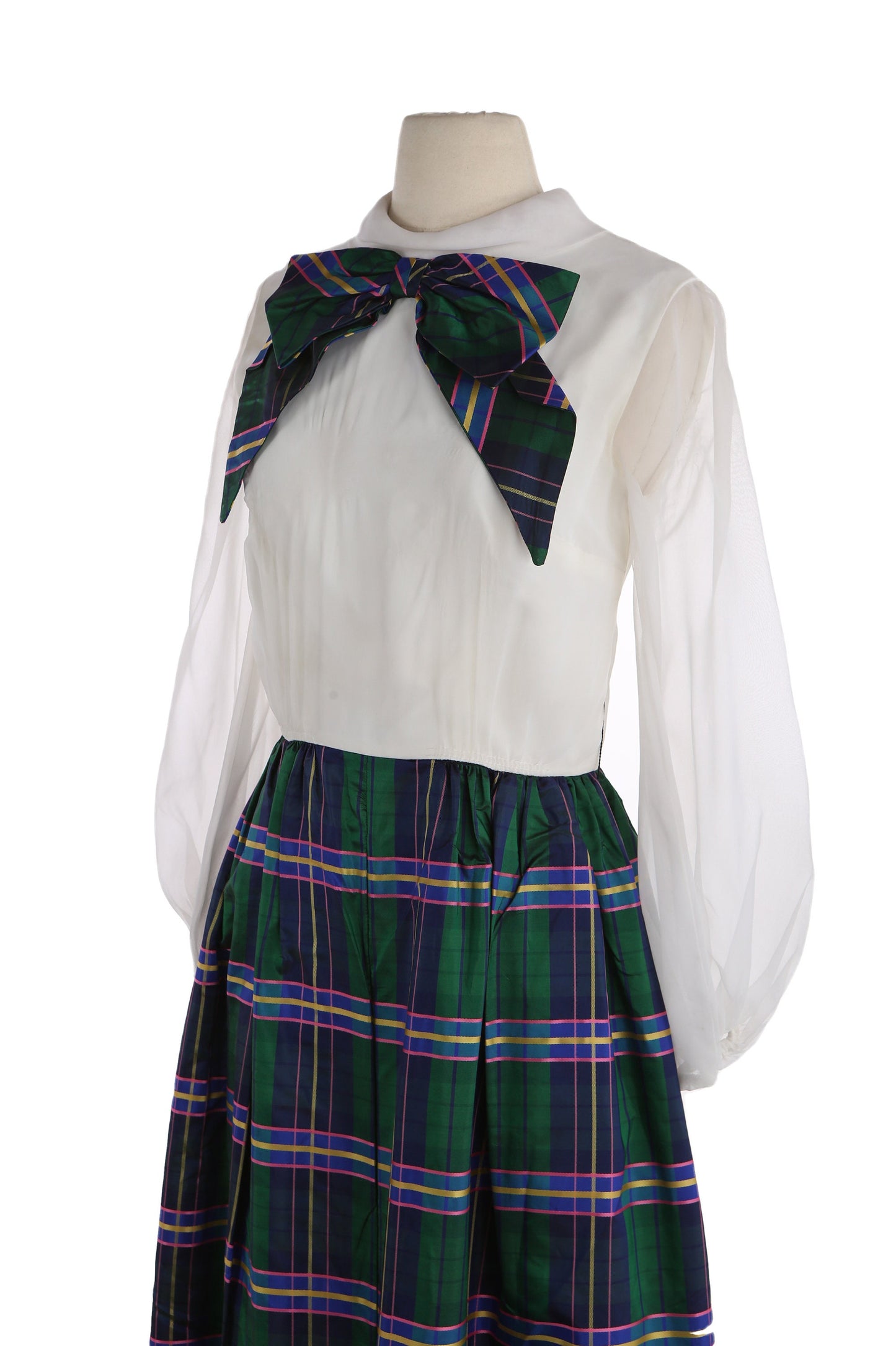 Vintage Women's Green Plaid Casual Dress with Big Collar Bow