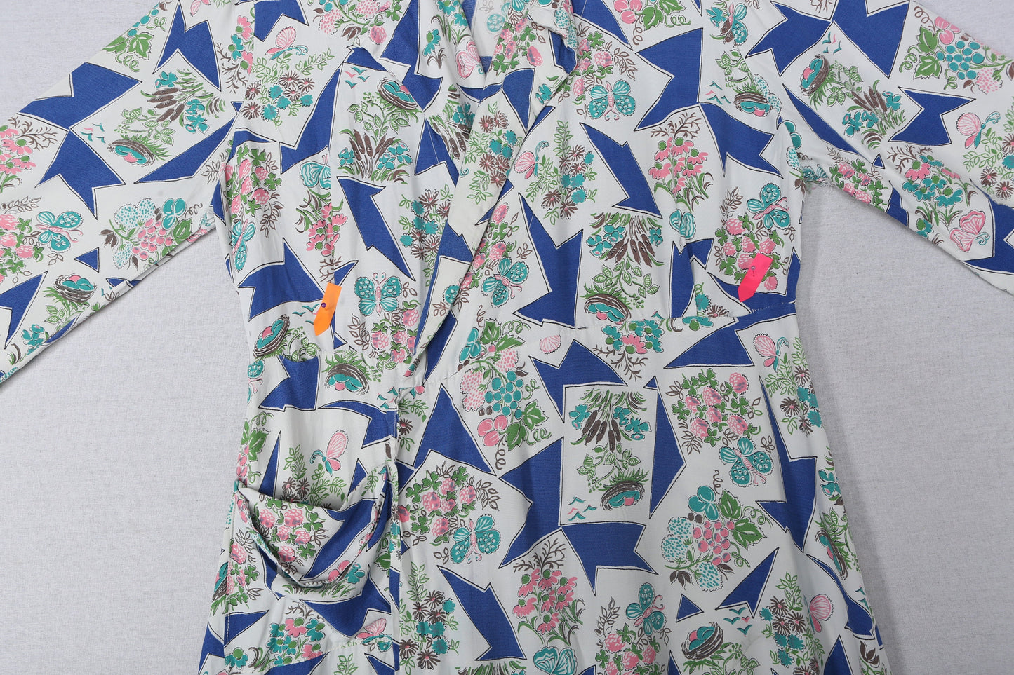 1940s Women Blue Rayon Dress with Floral Print Details