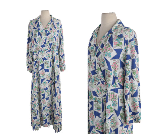 1940s Women Blue Rayon Dress with Floral Print Details