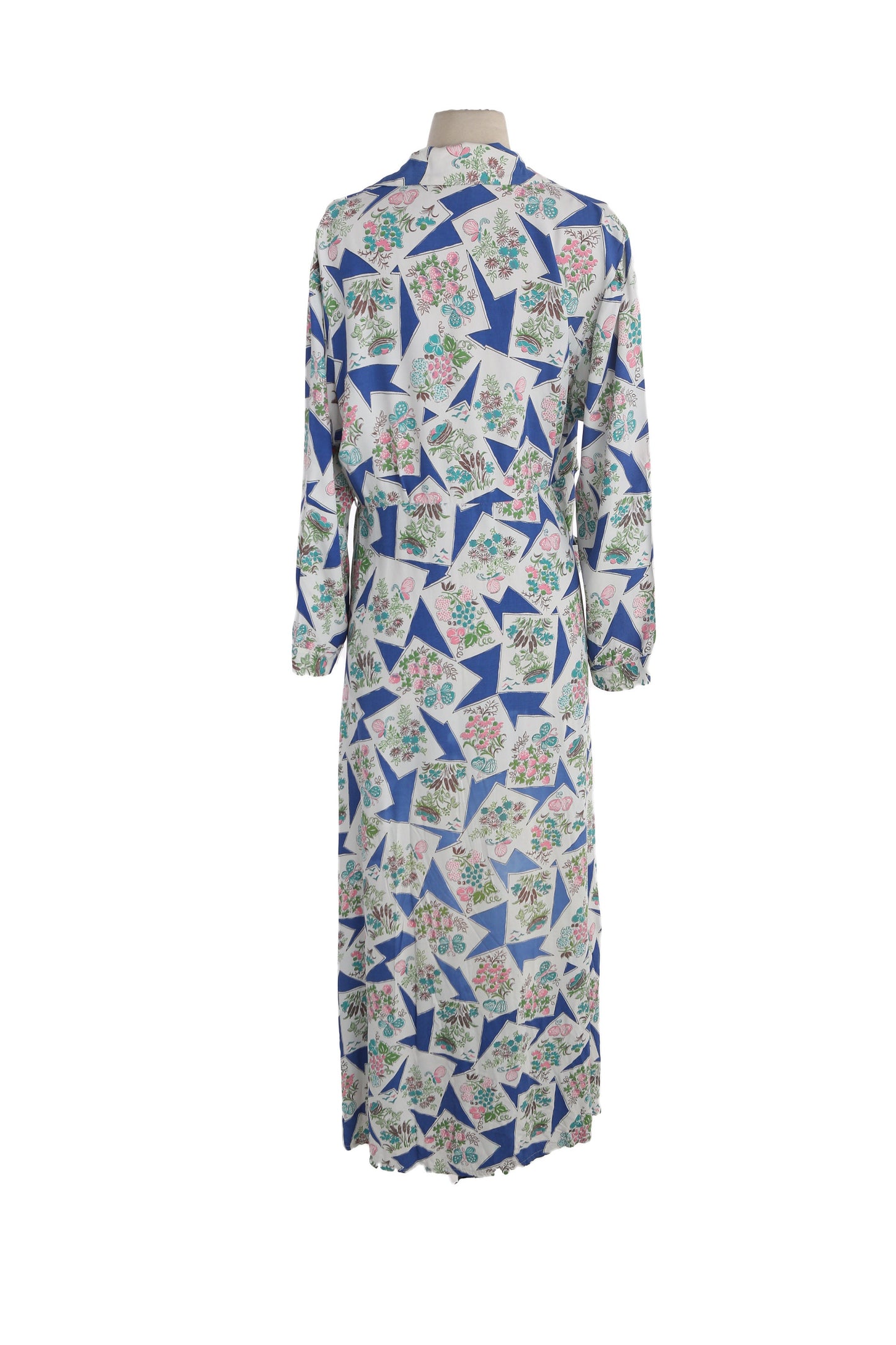 1940s Women Blue Rayon Dress with Floral Print Details