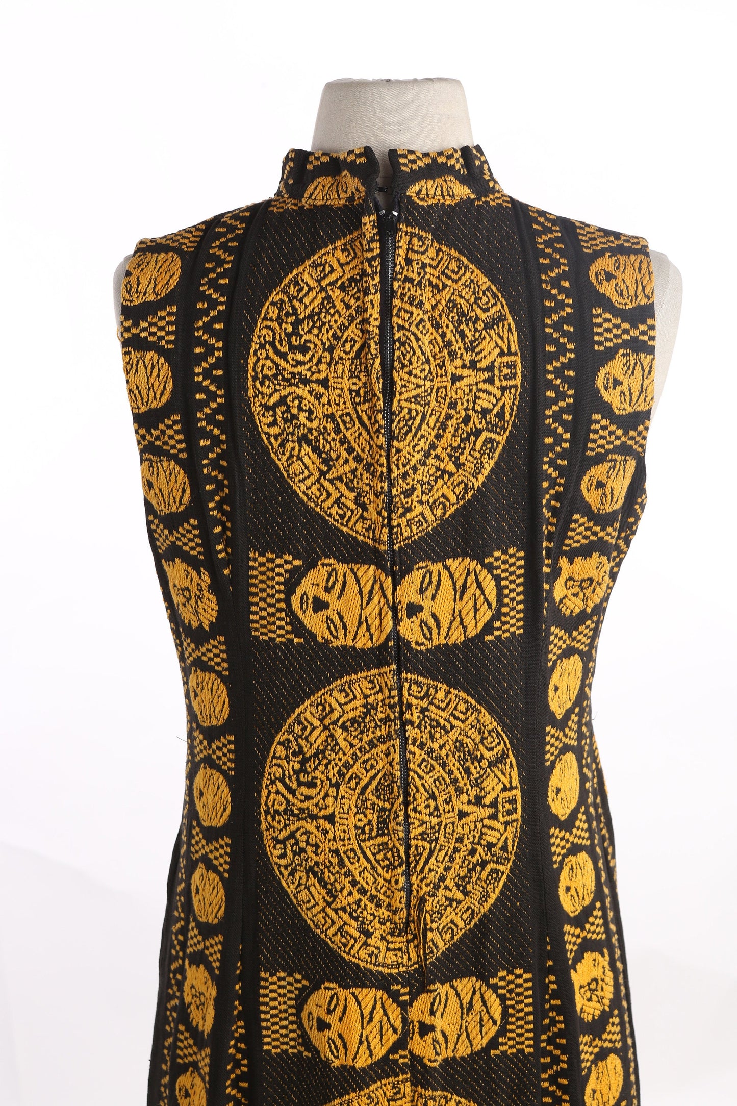 Vintage Women Black Ethnic Embroidered Dress / Aztec Calendar Design