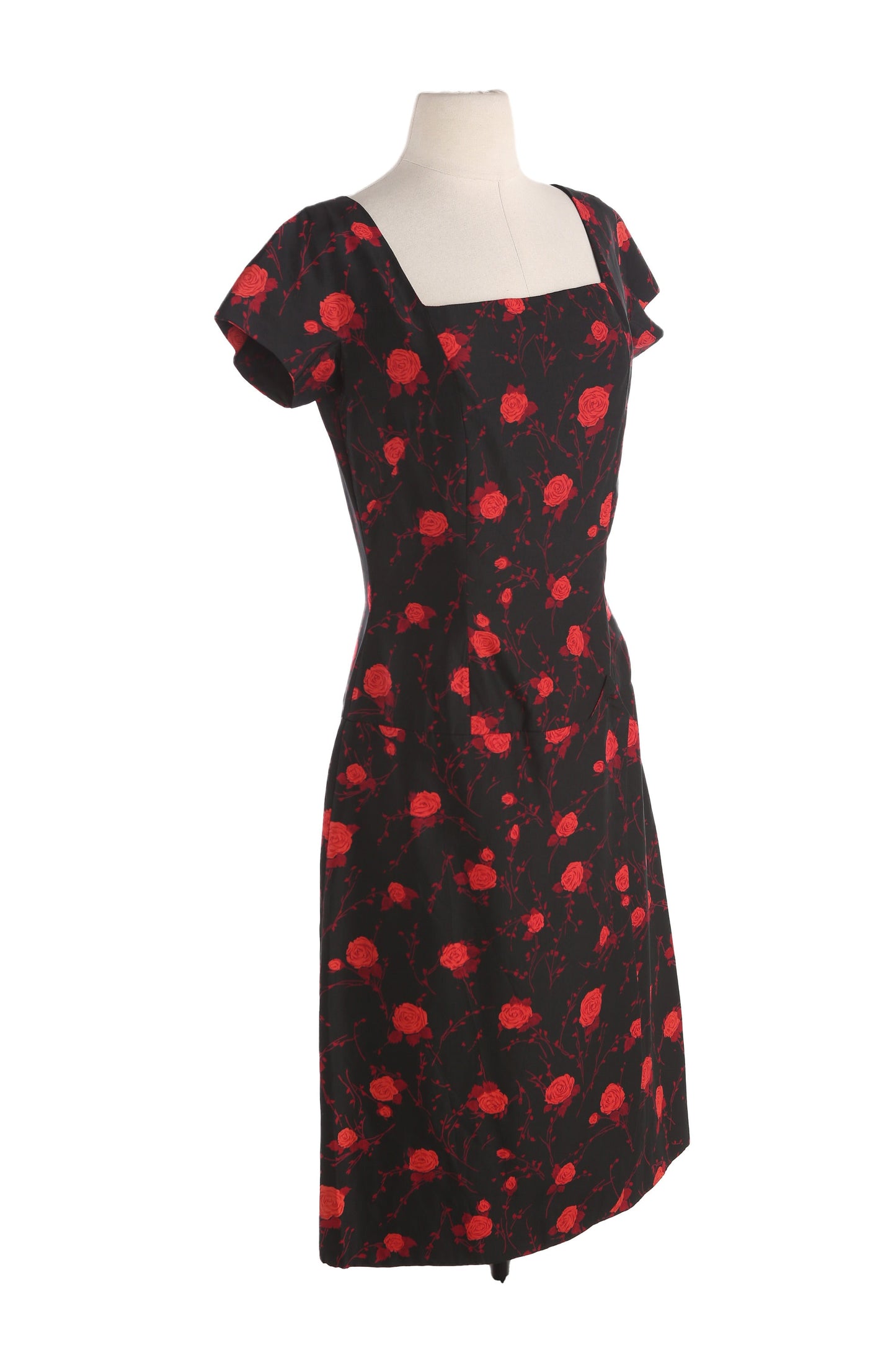 50s Women Black Red Floral Print Casual Dress