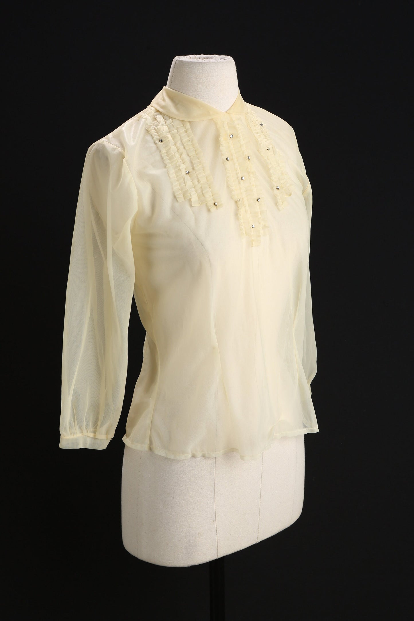 Vintage Women White Sheer Ruffle Detail Collar Blouse