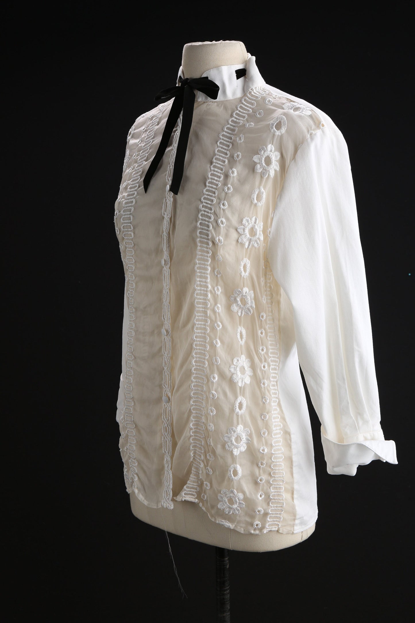 Y2K Women White Casual Top with Sheer Fabric Embroidered Designs and a Black Bow