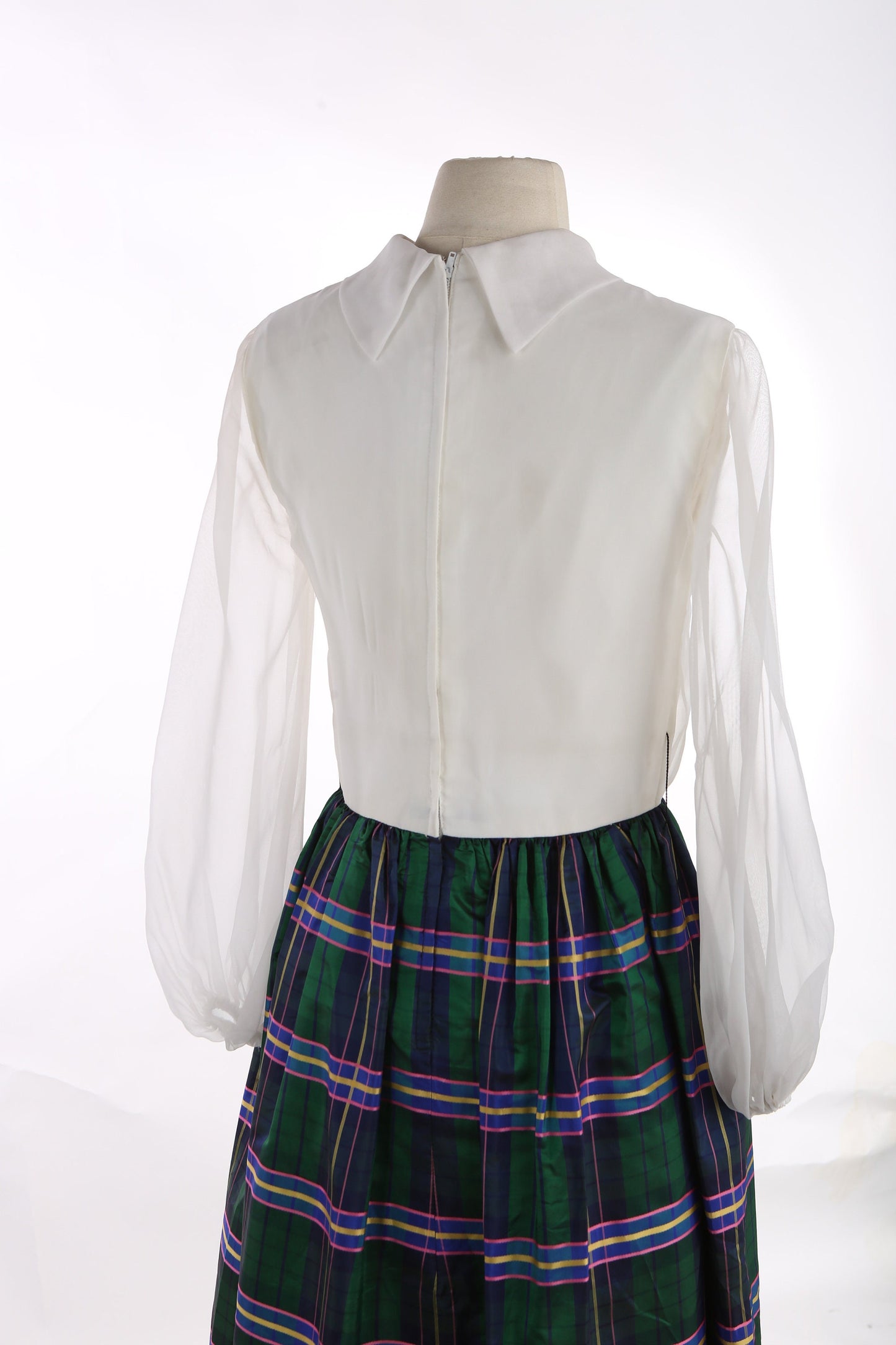 Vintage Women's Green Plaid Casual Dress with Big Collar Bow