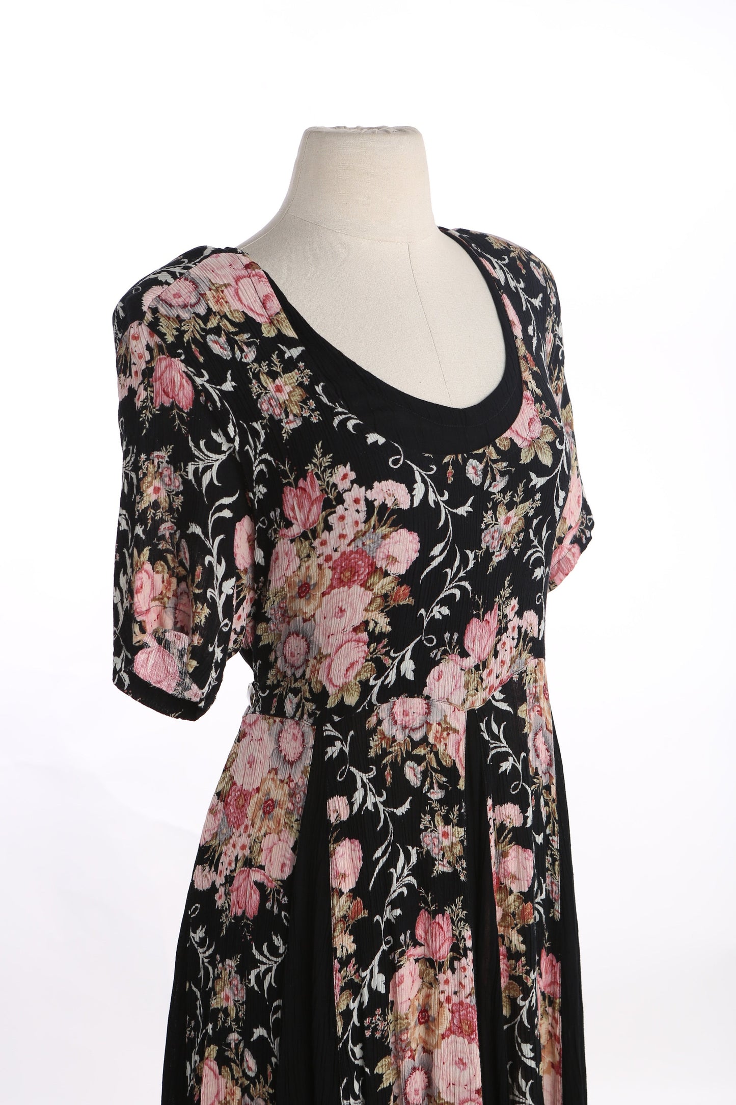 90s Women Black Floral Print Long Rayon Dress by American Angel / Made in India