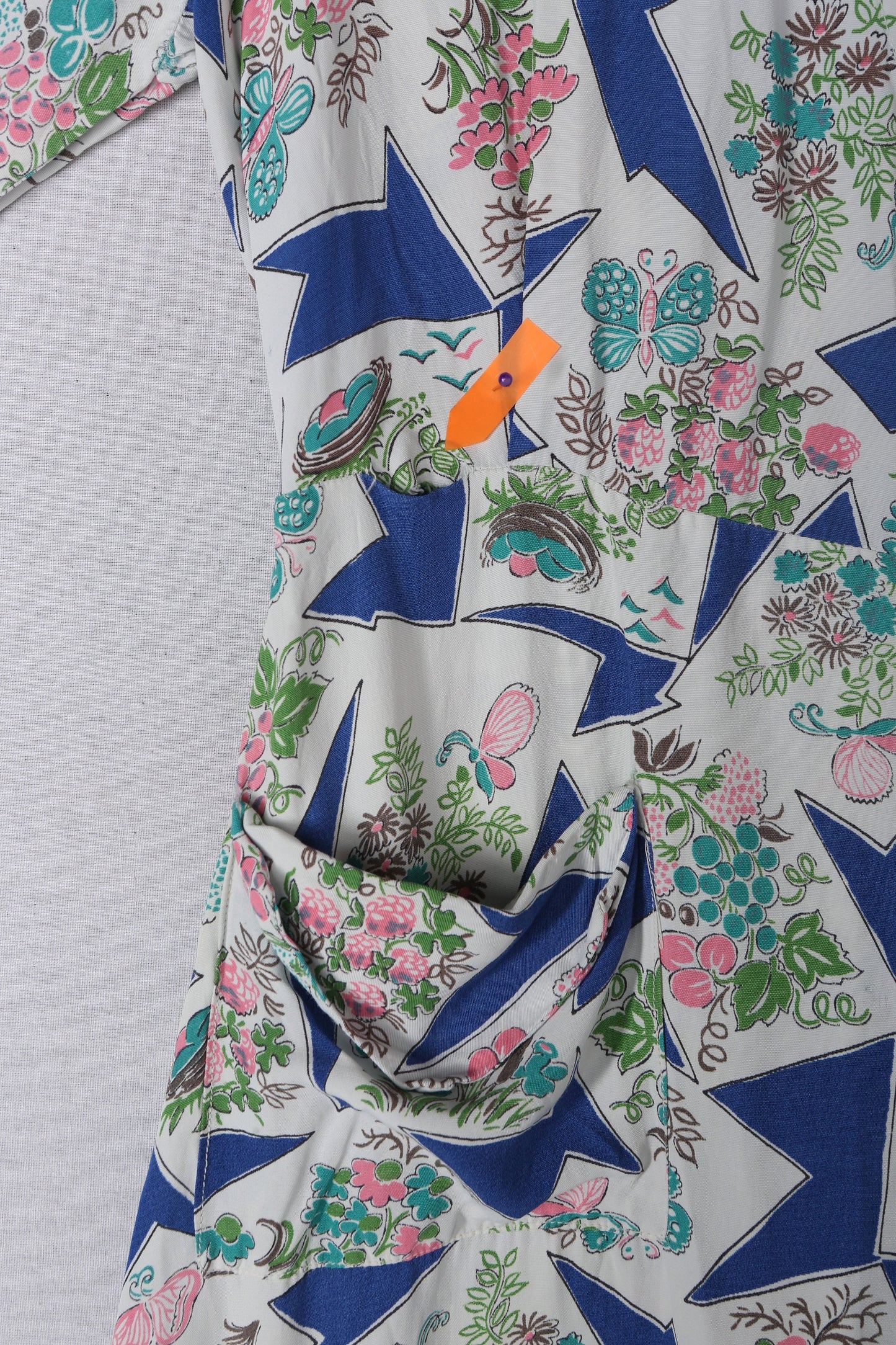 1940s Women Blue Rayon Dress with Floral Print Details