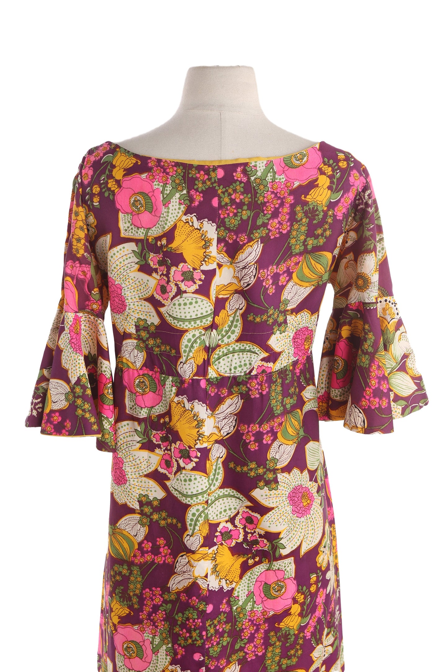 70s Women Floral Print Long Casual Dress with Yellow Waist Bow Belt