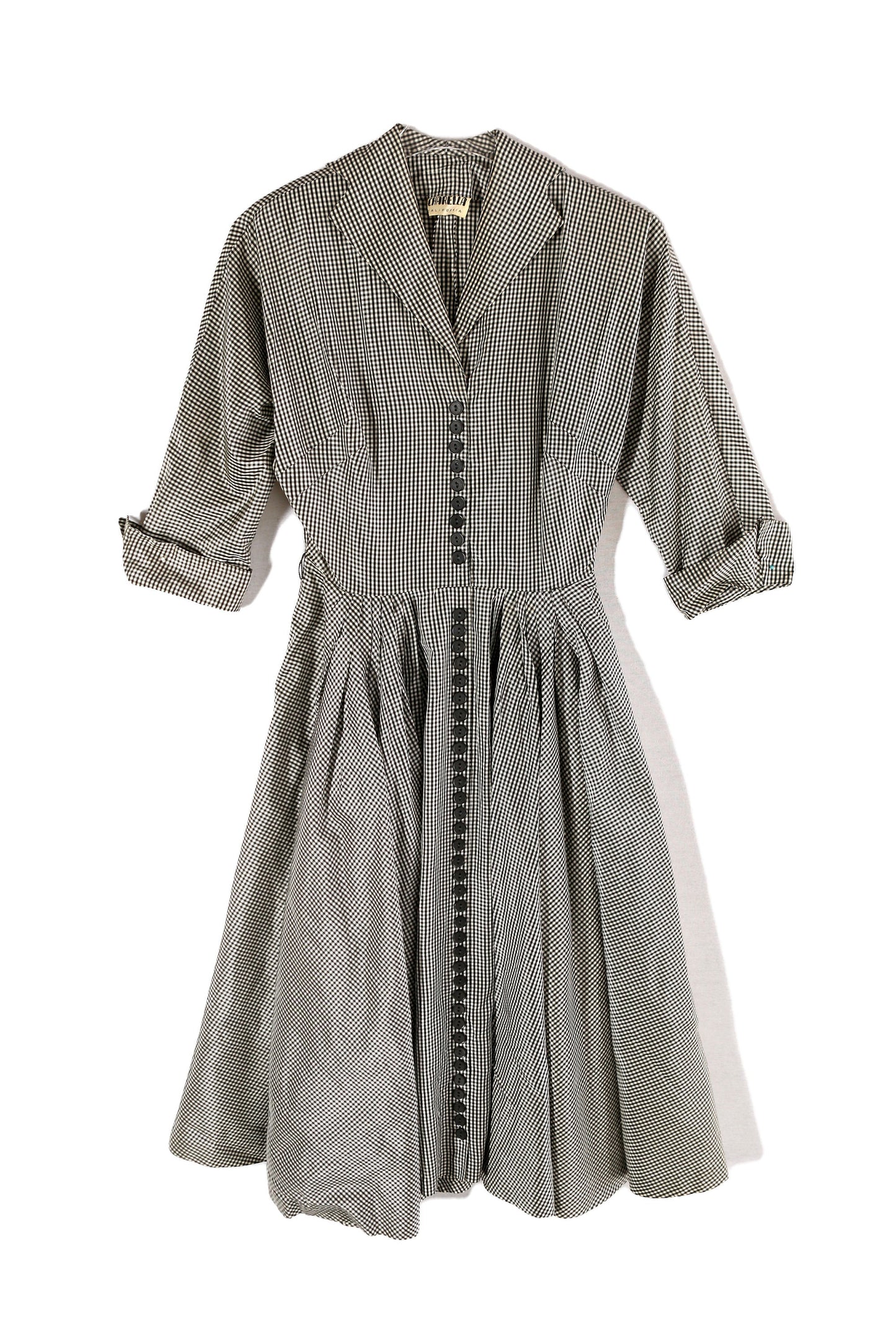 1940s-50s Women White and Black Plaid Dress with Pleated Bottom by Charella California