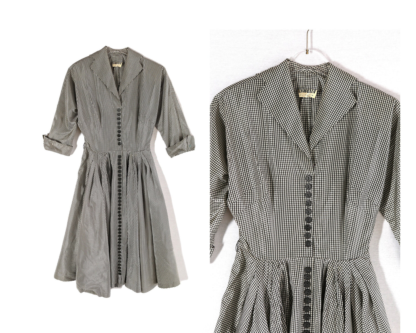 1940s-50s Women White and Black Plaid Dress with Pleated Bottom by Charella California