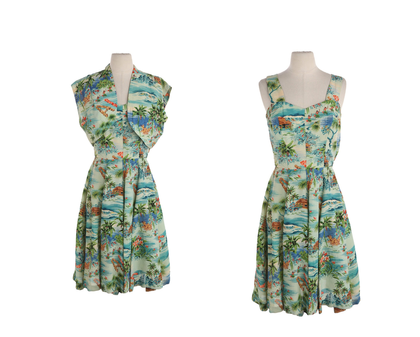 1940s Women Green Hawaiian Dress with Bolero Jacket by Royal Hawaiian / Made and Styled in Hawaii