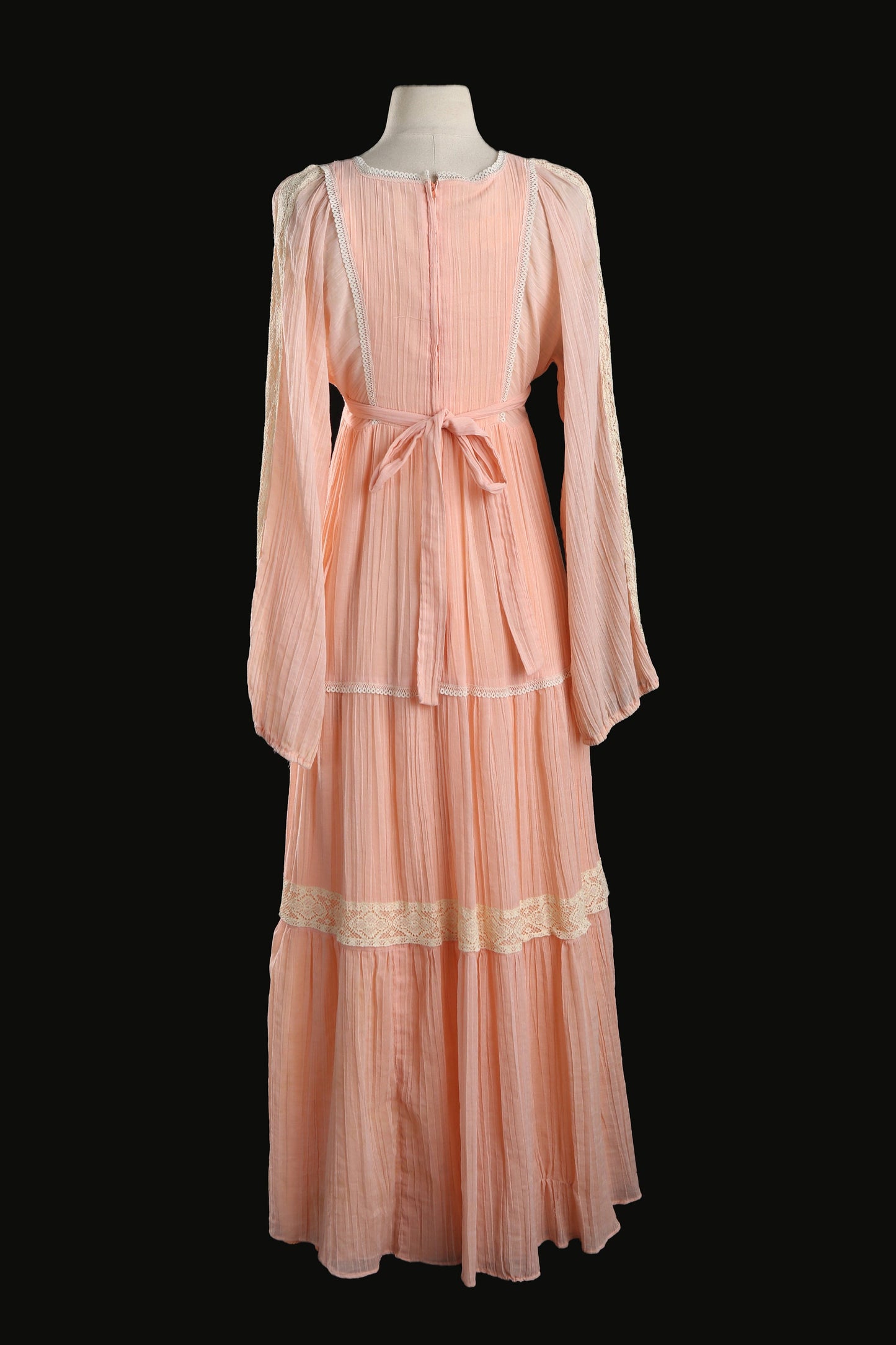 70s Women Long Sleeves Pink Prairie Dress by Roberta California