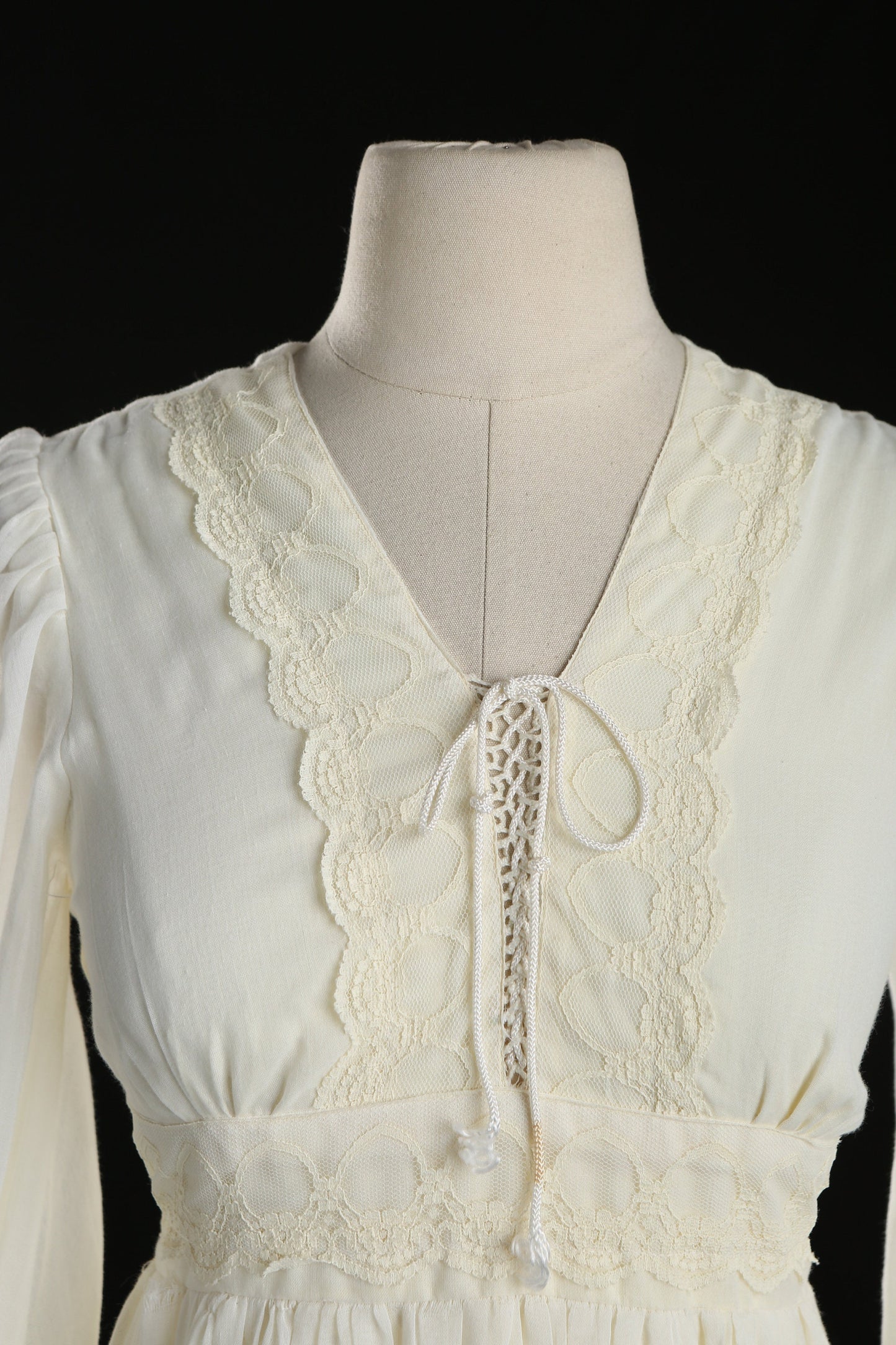 Vintage Women Beige Long Prairie Dress with Chest Lace Adjusting Closure / Estimated Era 1970s
