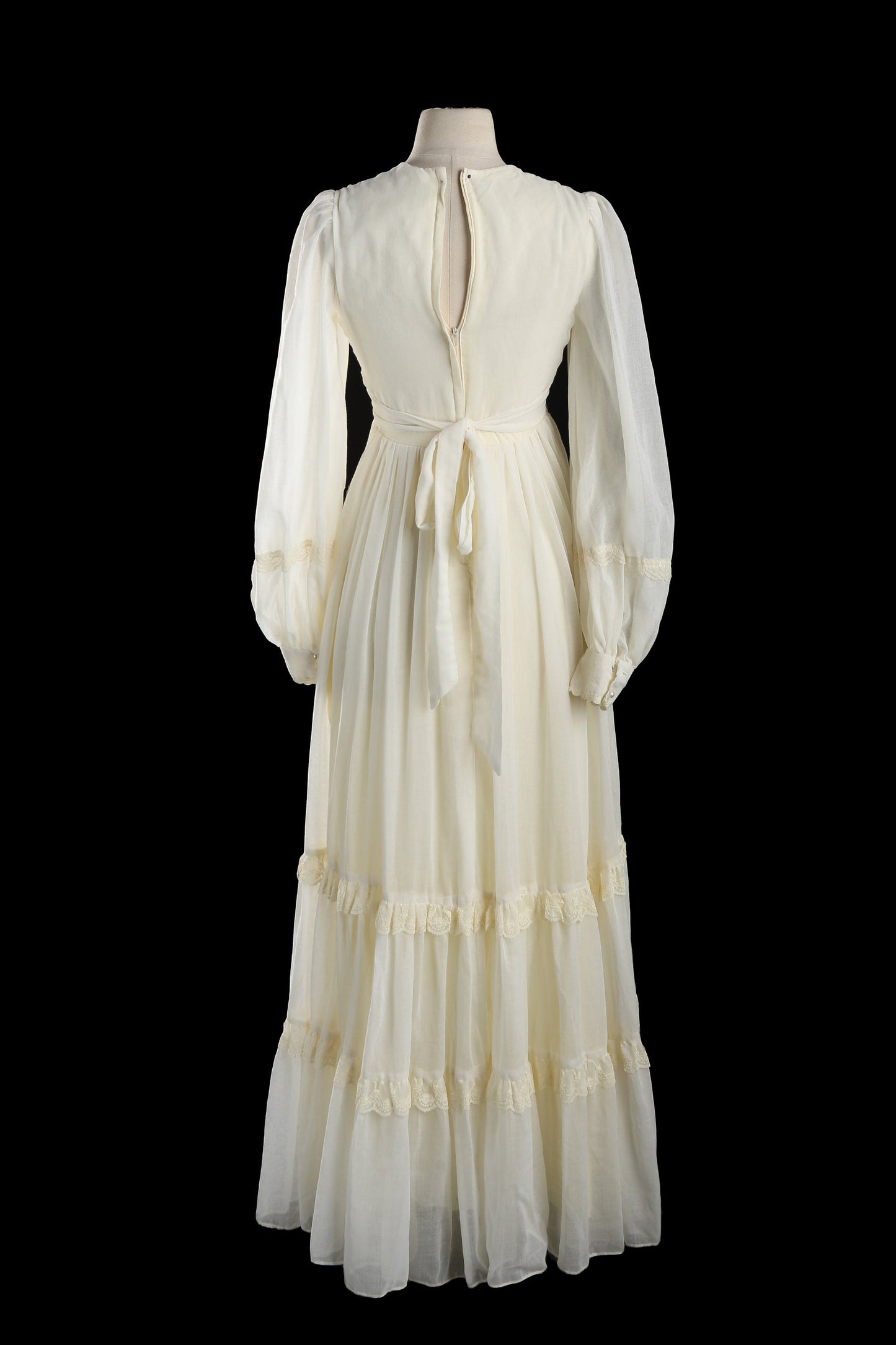 Vintage Women Beige Long Prairie Dress with Chest Lace Adjusting Closure / Estimated Era 1970s