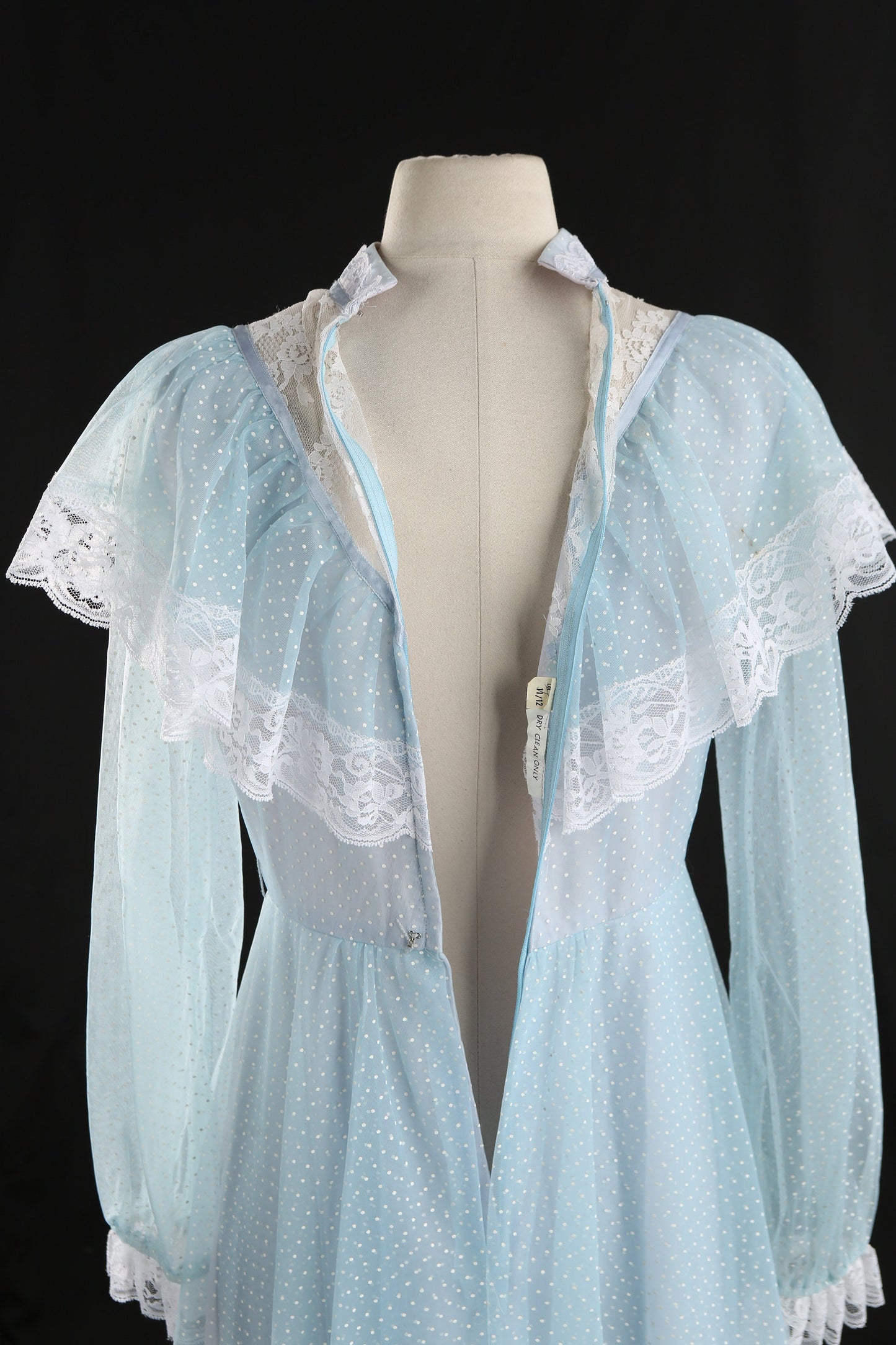 Vintage Women's White Polka Dot Blue Long Prairie Dress with Ruffled Lace Seam Chest Details