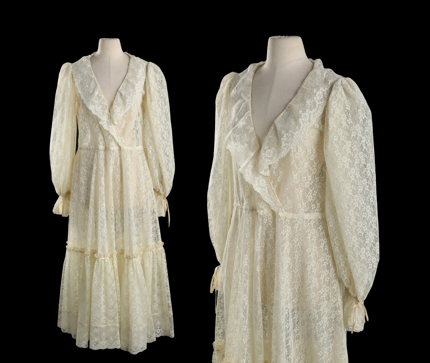 Vintage Lace Dress with Beige Floral Design Lace Fabric and Sleeves' Tie Closure Details