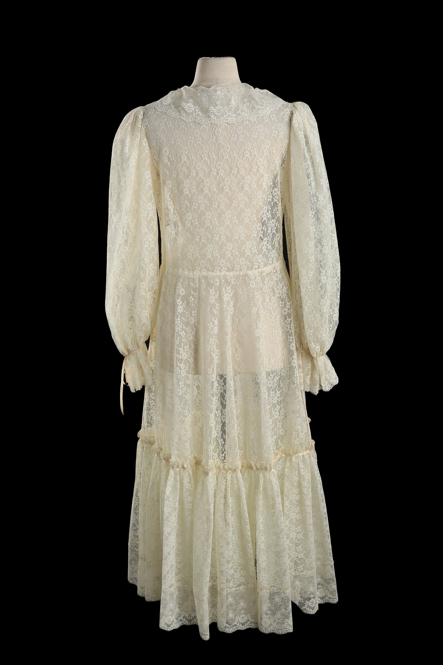 Vintage Lace Dress with Beige Floral Design Lace Fabric and Sleeves' Tie Closure Details