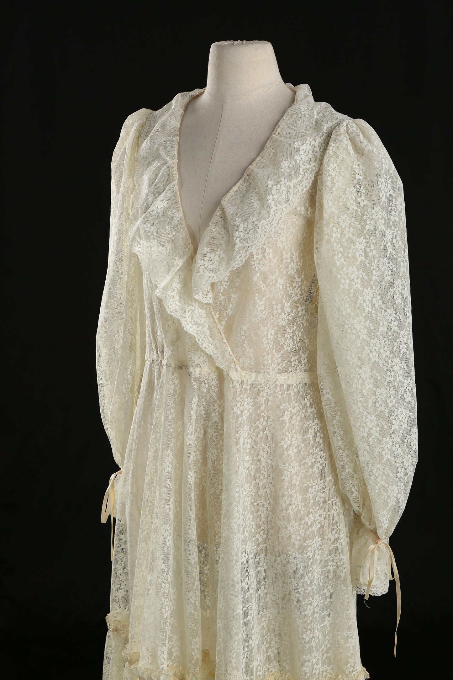 Vintage Lace Dress with Beige Floral Design Lace Fabric and Sleeves' Tie Closure Details