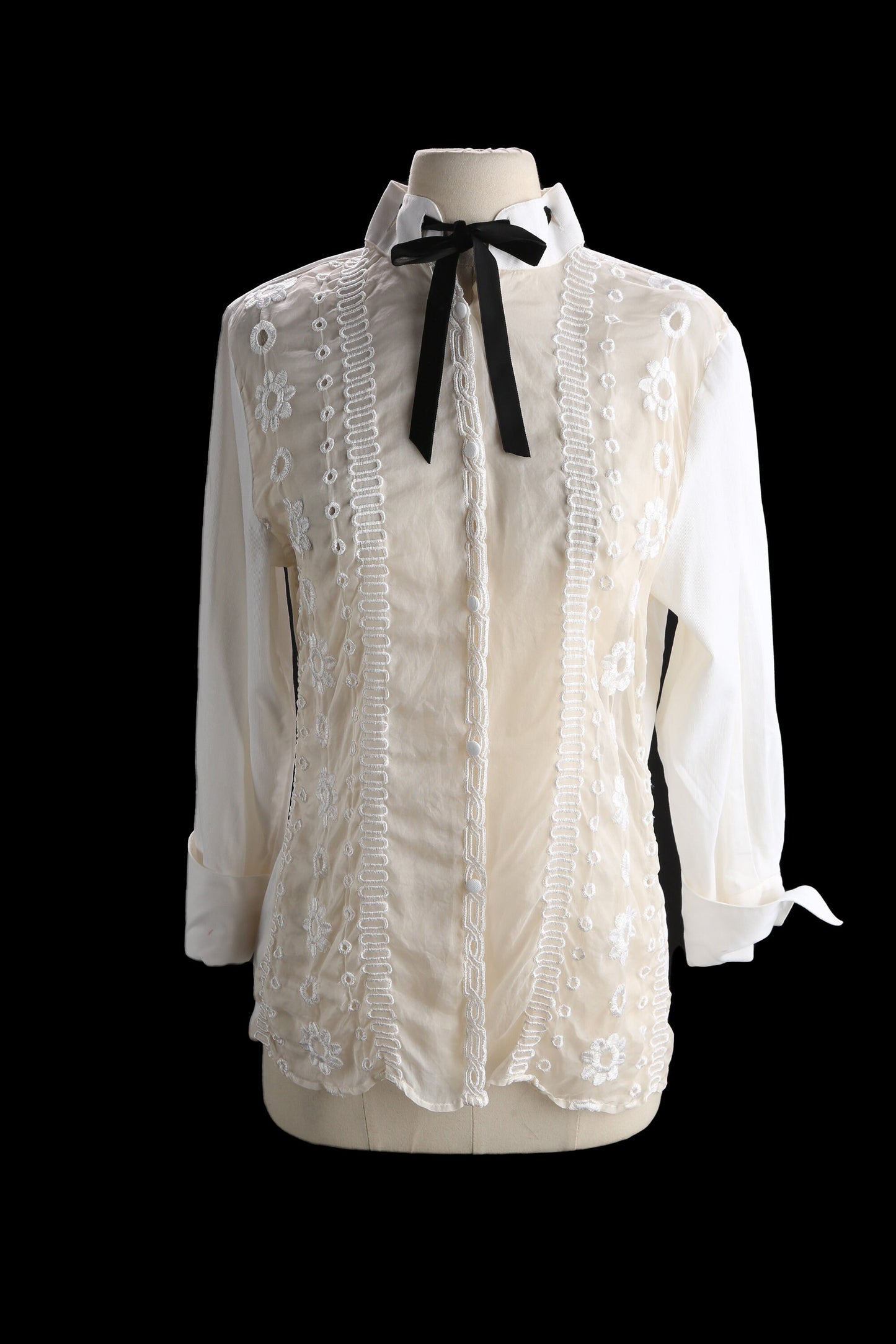 Y2K Women White Casual Top with Sheer Fabric Embroidered Designs and a Black Bow