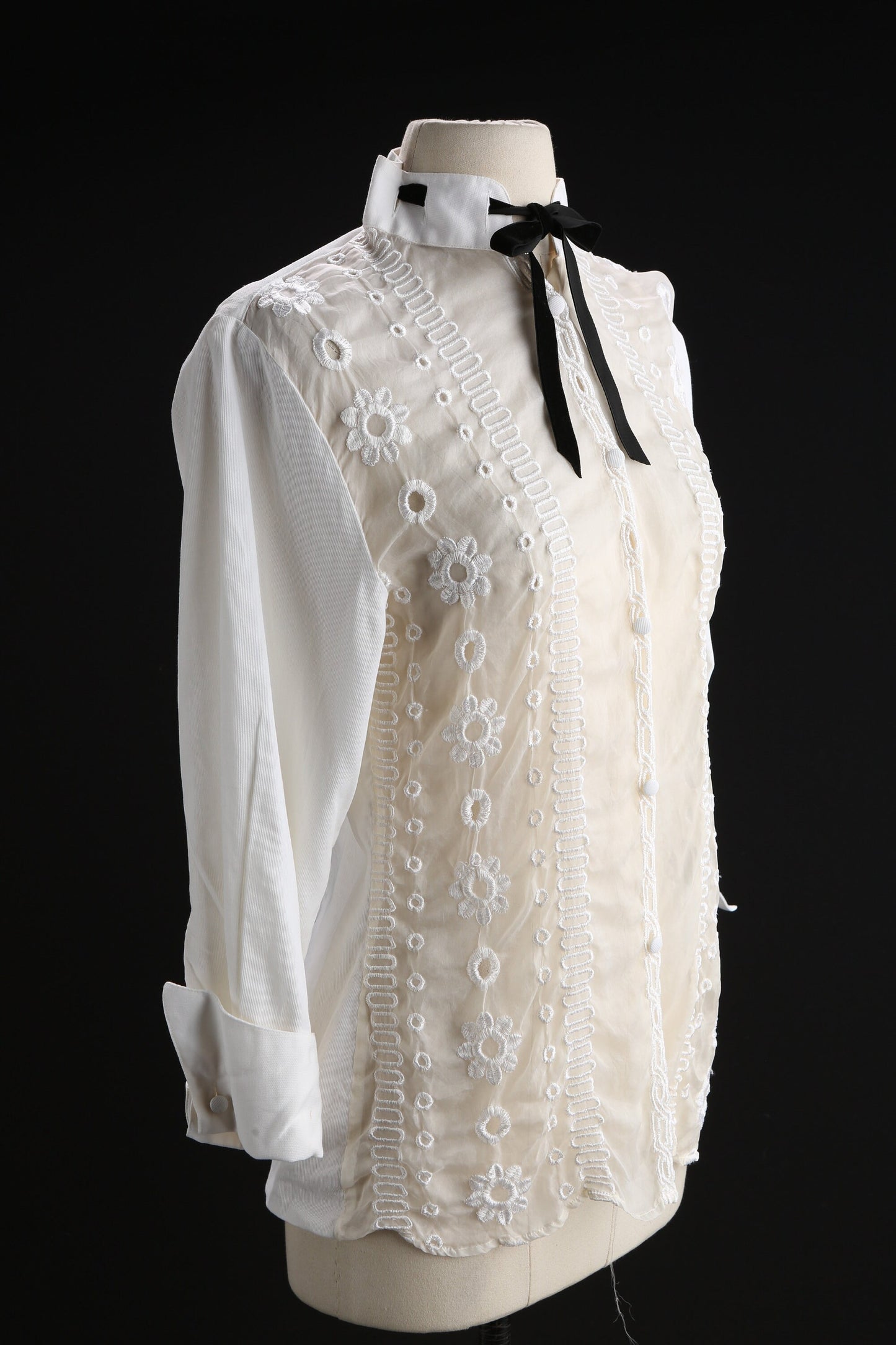 Y2K Women White Casual Top with Sheer Fabric Embroidered Designs and a Black Bow