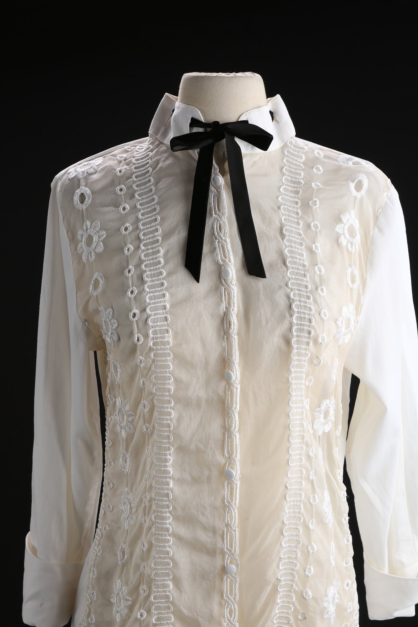 Y2K Women White Casual Top with Sheer Fabric Embroidered Designs and a Black Bow