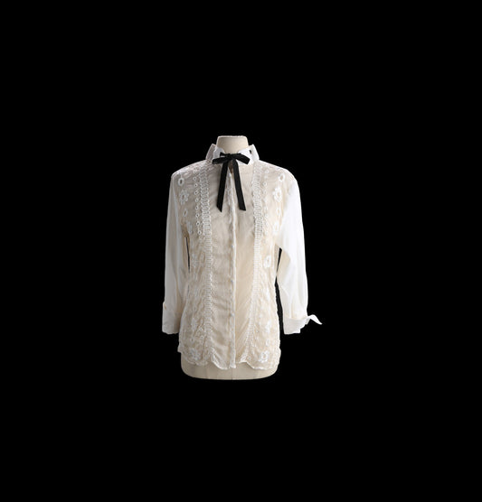 Y2K Women White Casual Top with Sheer Fabric Embroidered Designs and a Black Bow
