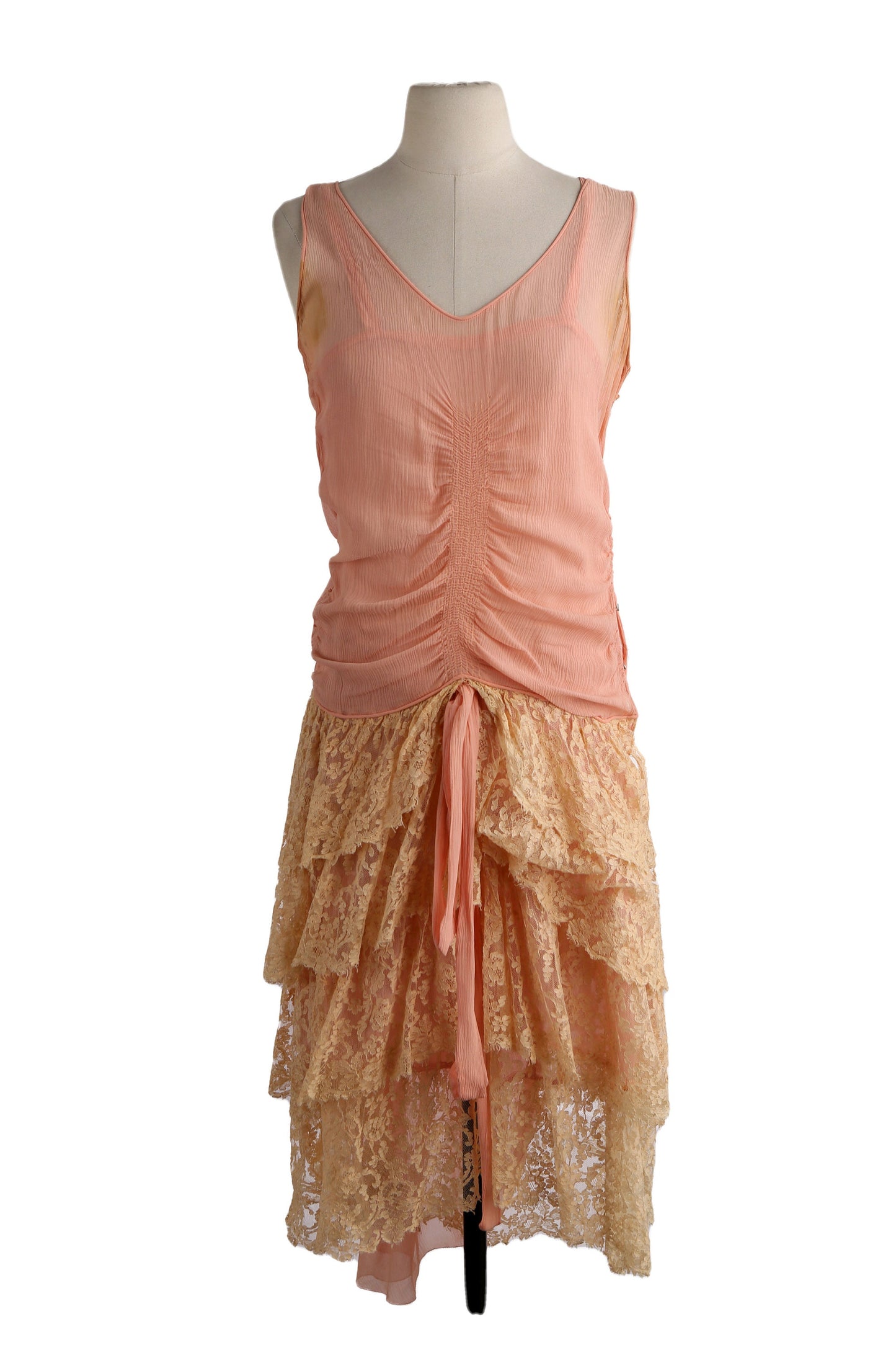 Vintage Women's Pink Flapper Dress with Bottom Lace Ruffled Edge Details / Estimated Era 20s - 30s