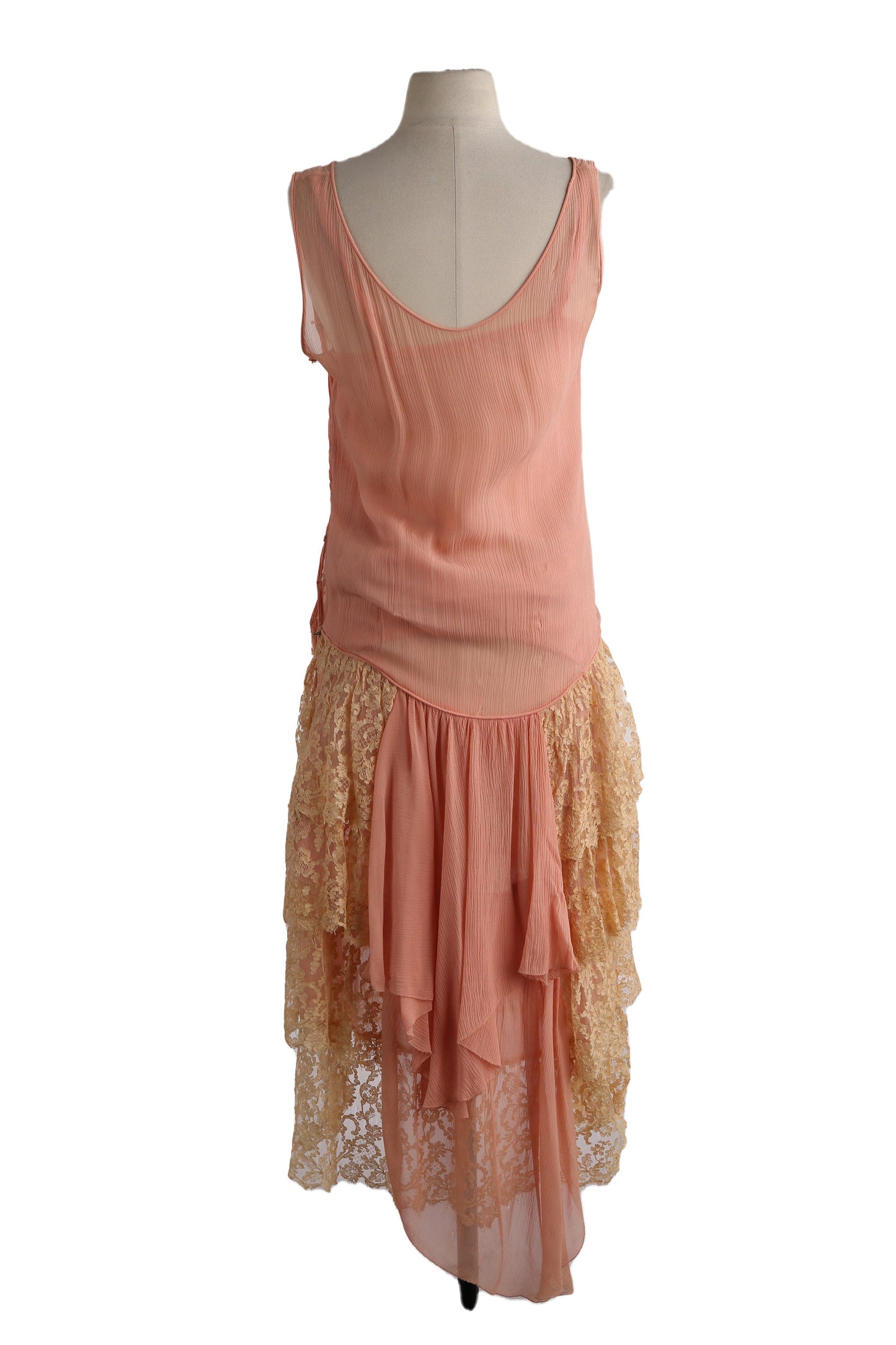 Vintage Women's Pink Flapper Dress with Bottom Lace Ruffled Edge Details / Estimated Era 20s - 30s