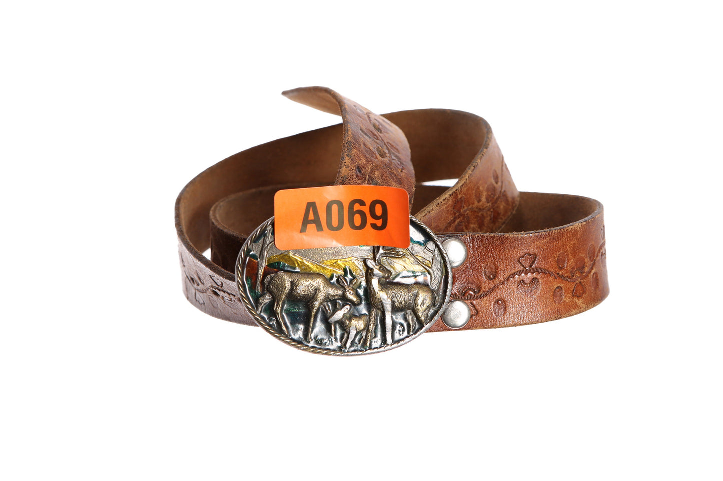 Vintage Tooled Leather Belt with Deer Belt Buckle