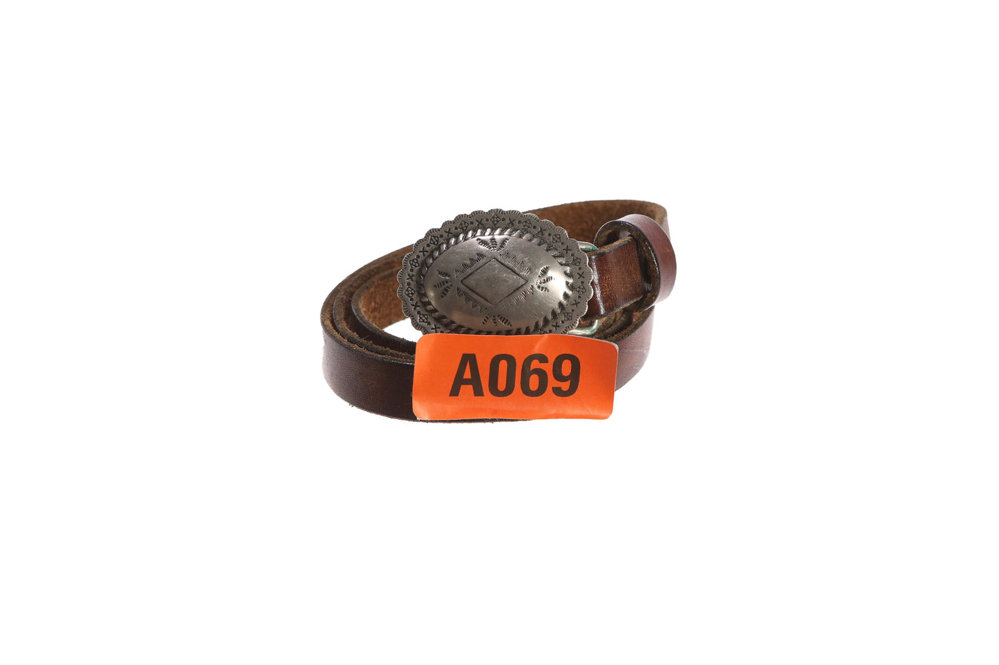 Vintage Brown Leather Belt with Steel Concho Belt Buckle