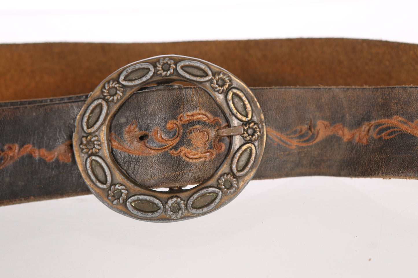 70s Tooled Leather Belt with Engraved Steel Belt Buckle