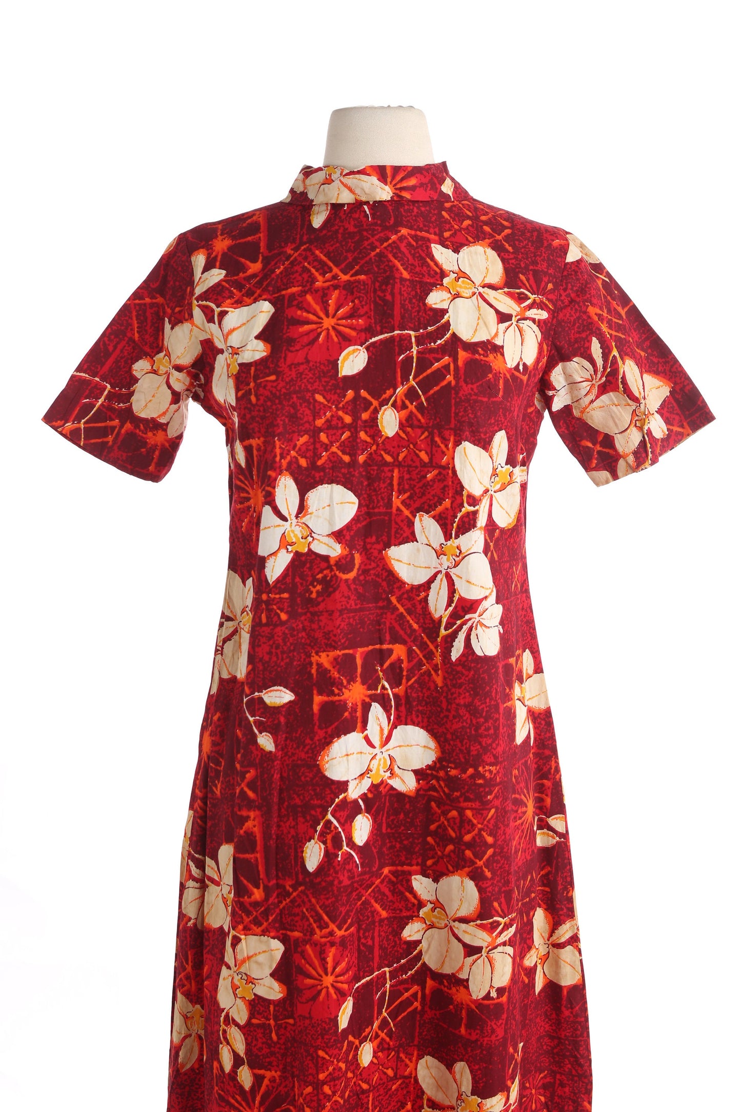 Vintage Women's Long Red Floral Print Hawaiian Dress