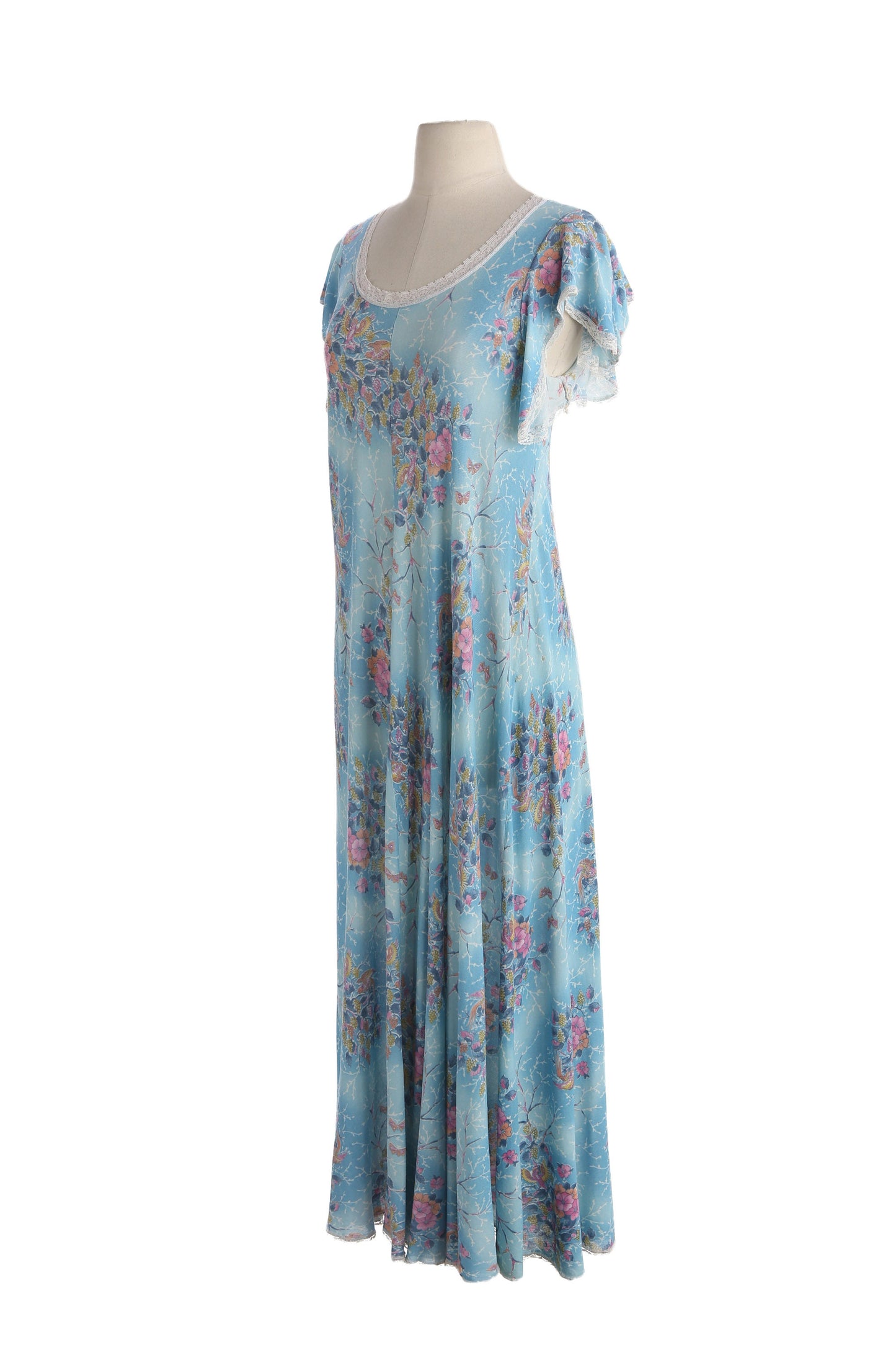 70s Floral Print Long Blue Poly Summer Dress
