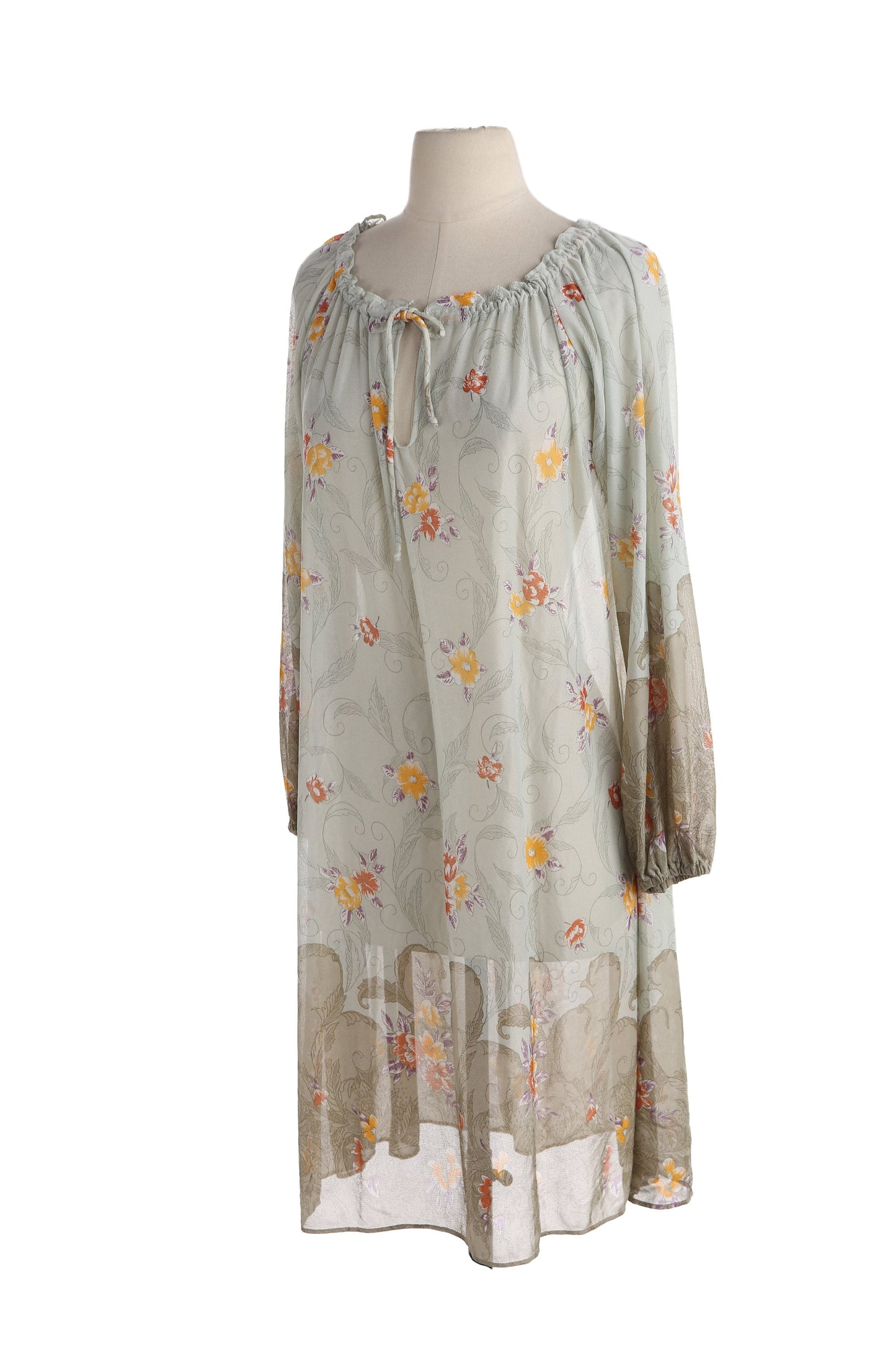 70s Floral Print Sheer Blouson Dress