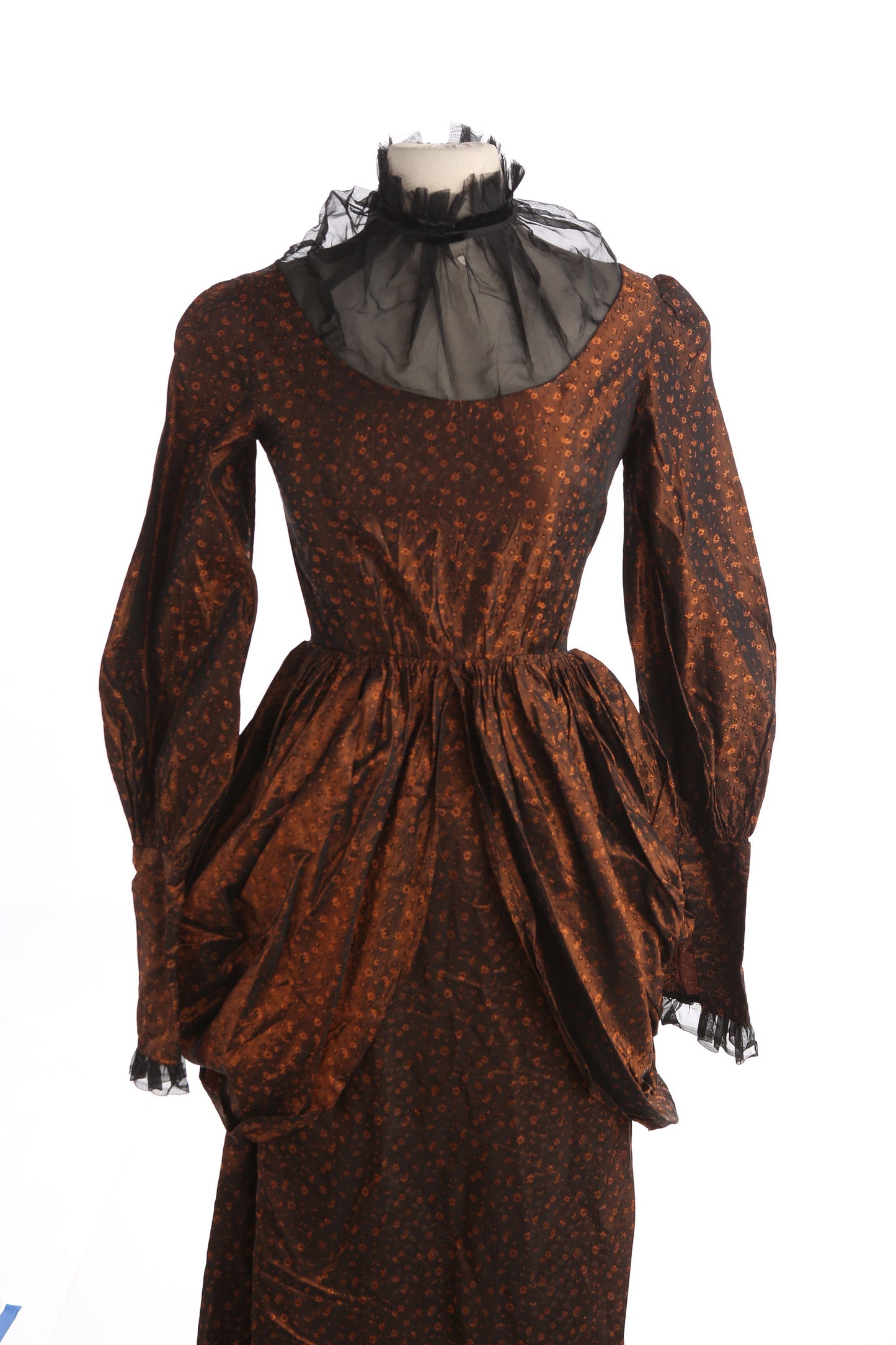 Vintage Women's Victorian Style Dress with Black Sheer Poly Collar and Floral Brown Shiny Brocade Fabric Pattern - Estimated Era 40s - 50s
