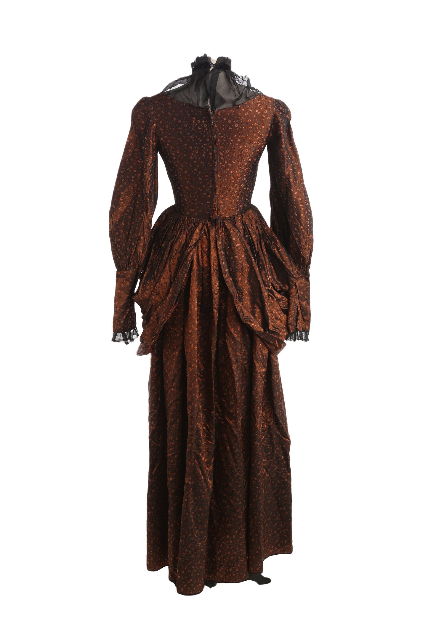 Vintage Women's Victorian Style Dress with Black Sheer Poly Collar and Floral Brown Shiny Brocade Fabric Pattern - Estimated Era 40s - 50s