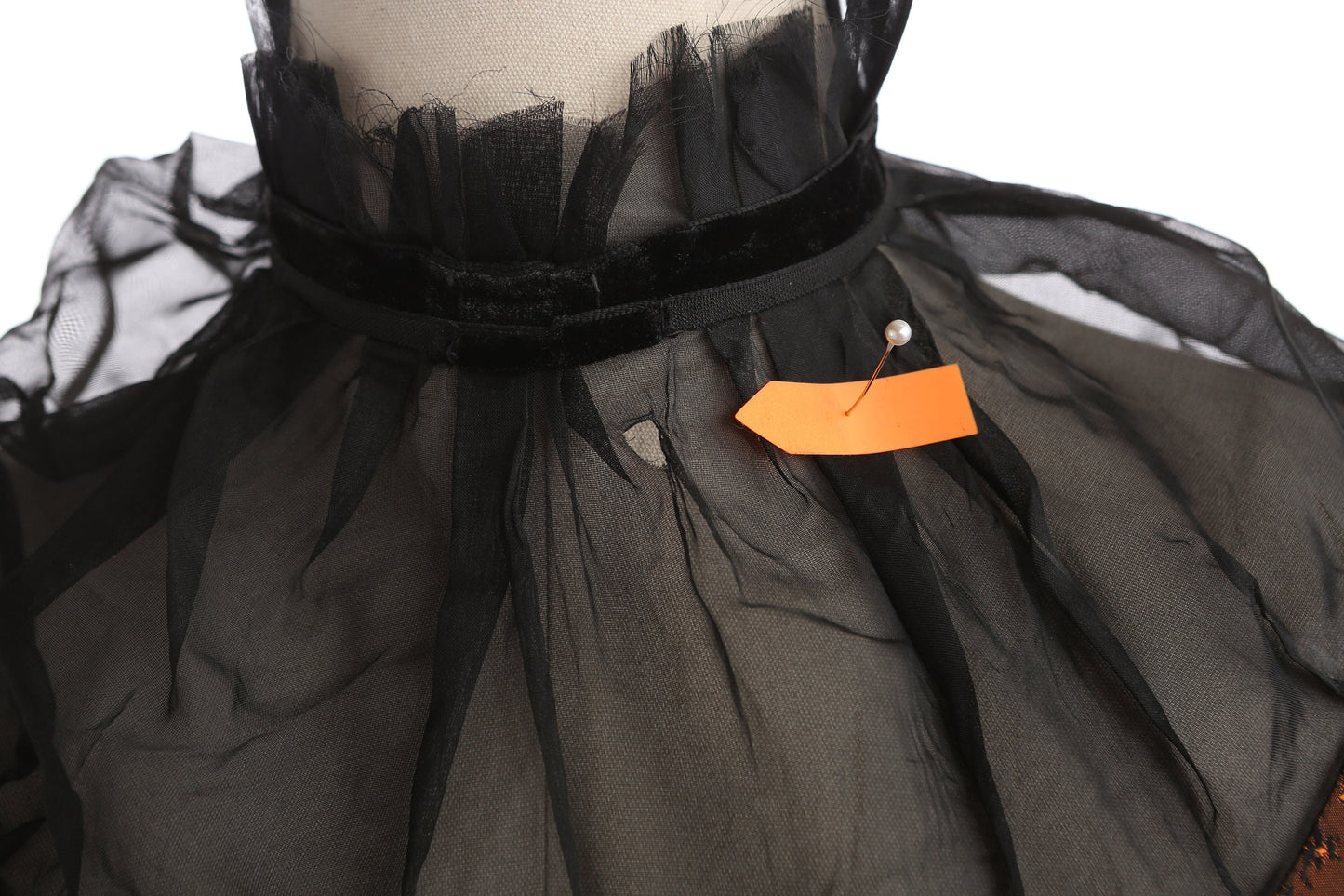 Vintage Women's Victorian Style Dress with Black Sheer Poly Collar and Floral Brown Shiny Brocade Fabric Pattern - Estimated Era 40s - 50s