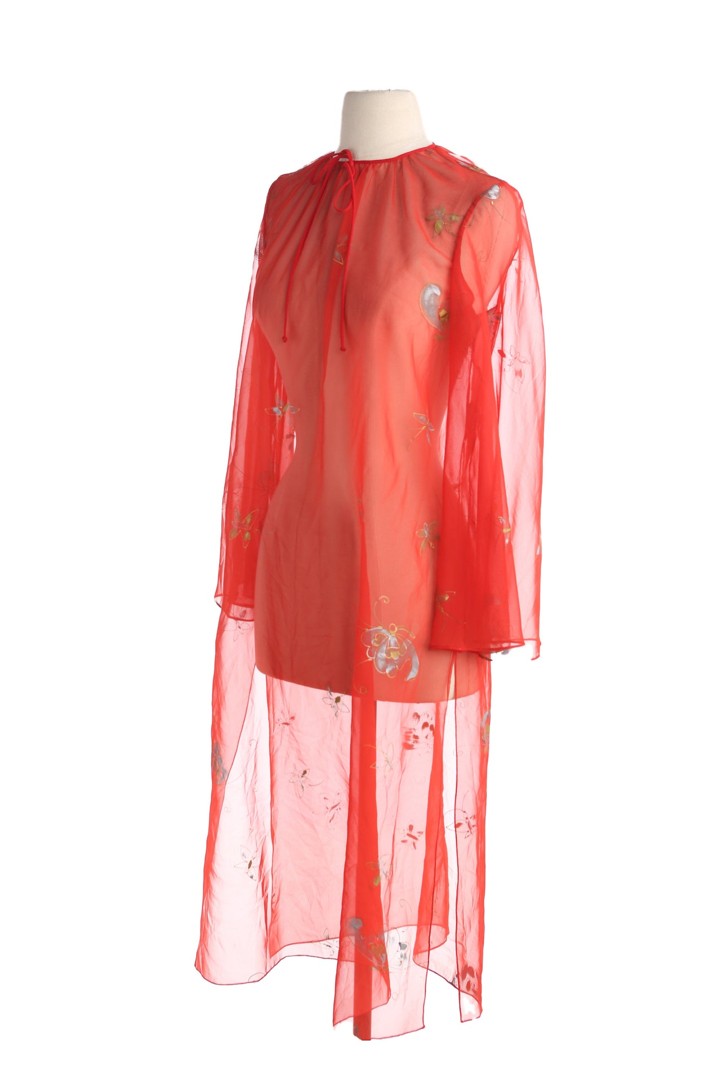 Vintage Women's Red Sheer Slip Dress with Golde Leaf Fabric Prints