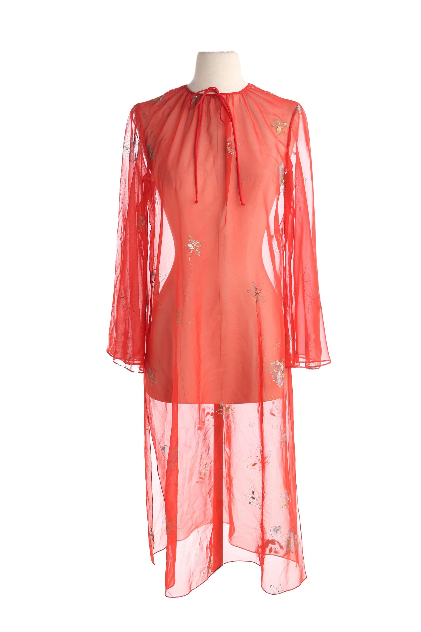 Vintage Women's Red Sheer Slip Dress with Golde Leaf Fabric Prints