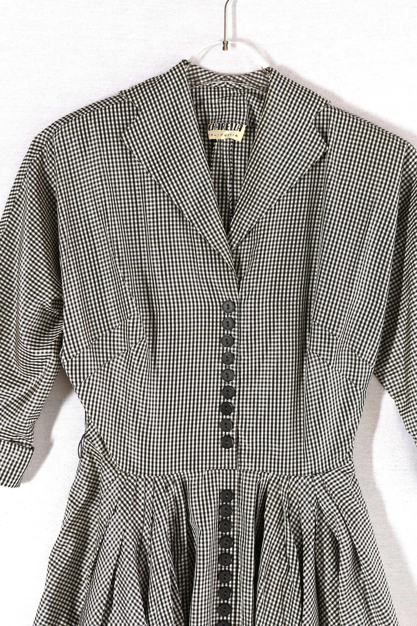 1940s-50s Women White and Black Plaid Dress with Pleated Bottom by Charella California