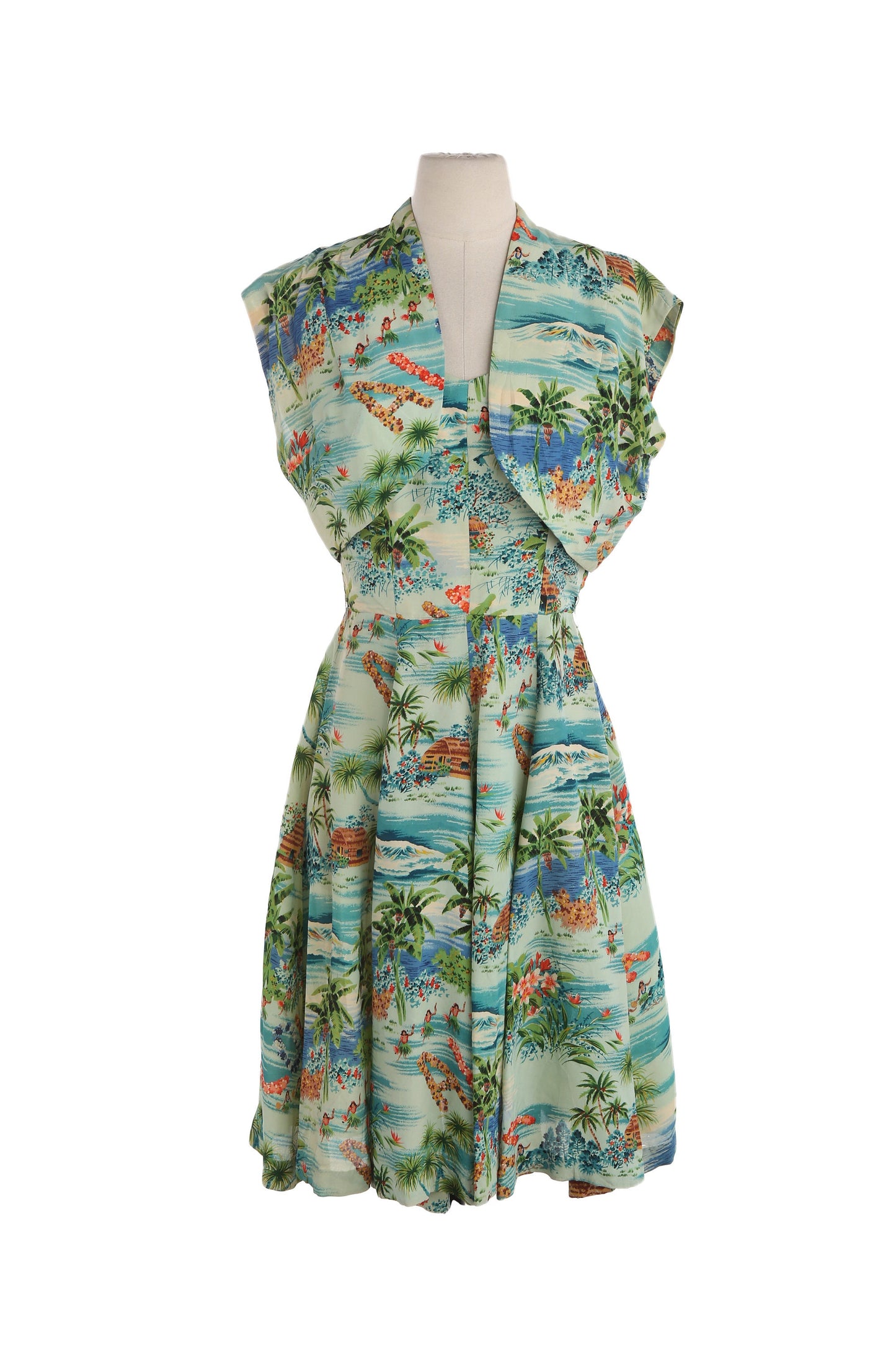 1940s Women Green Hawaiian Dress with Bolero Jacket by Royal Hawaiian / Made and Styled in Hawaii