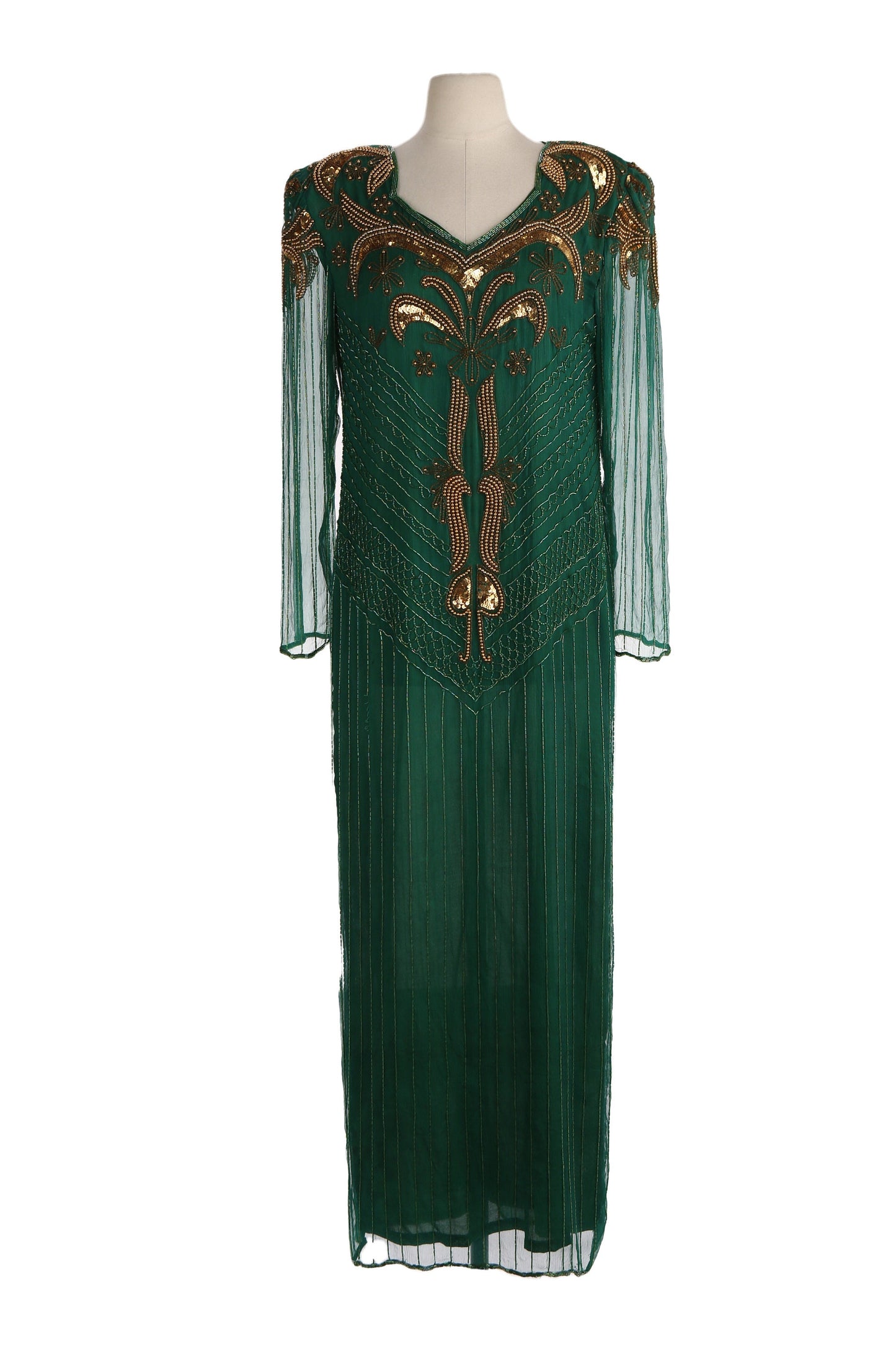 Vintage Women's Green Sequin Dress with Golden Beads