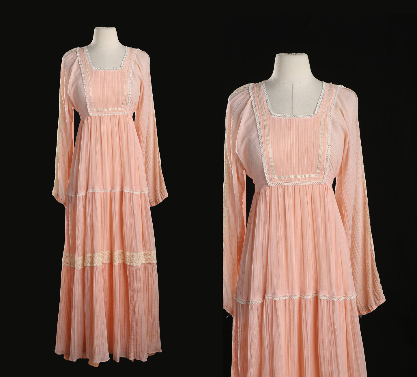 70s Women Long Sleeves Pink Prairie Dress by Roberta California