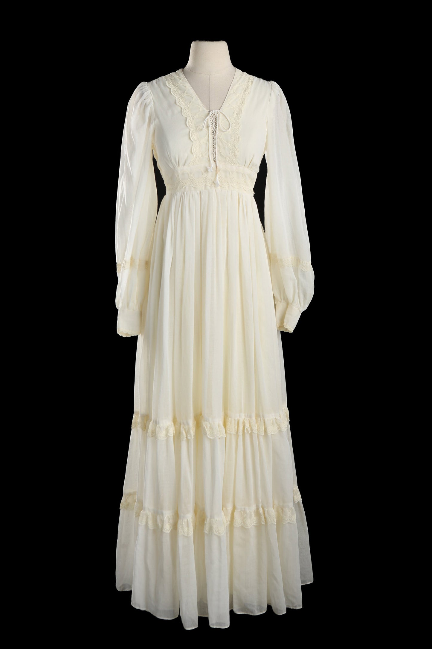 Vintage Women Beige Long Prairie Dress with Chest Lace Adjusting Closure / Estimated Era 1970s