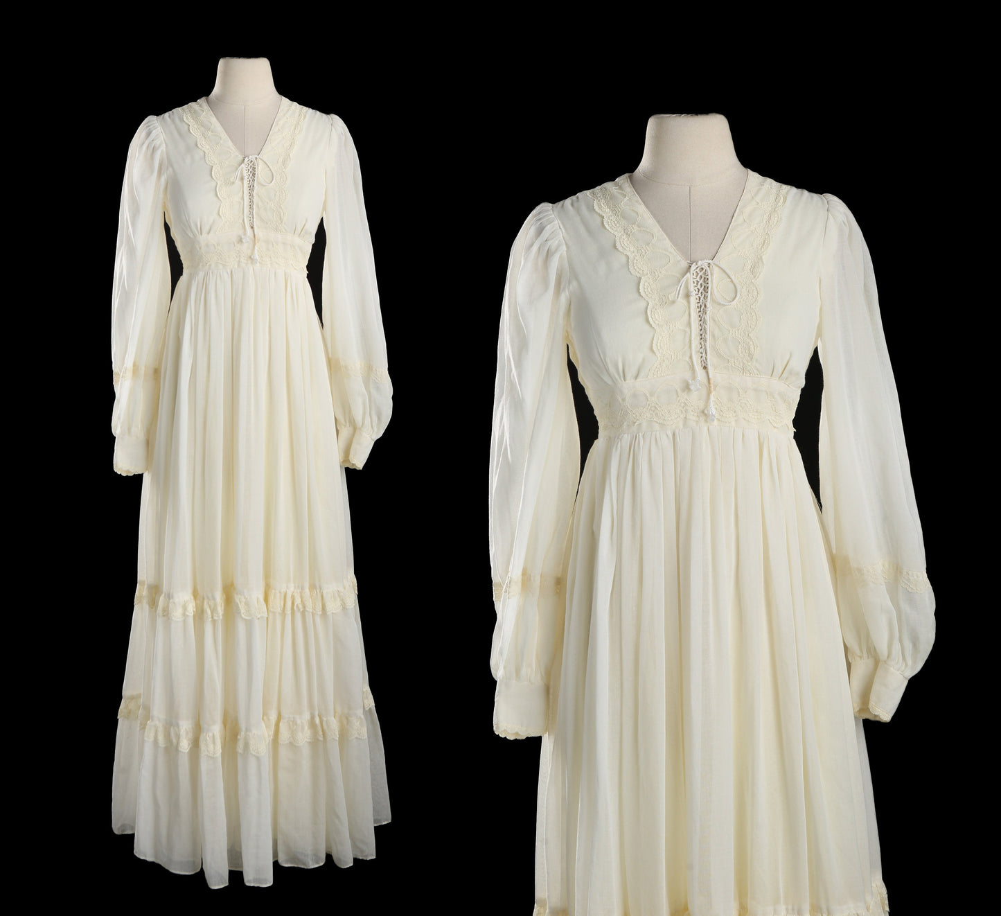Vintage Women Beige Long Prairie Dress with Chest Lace Adjusting Closure / Estimated Era 1970s